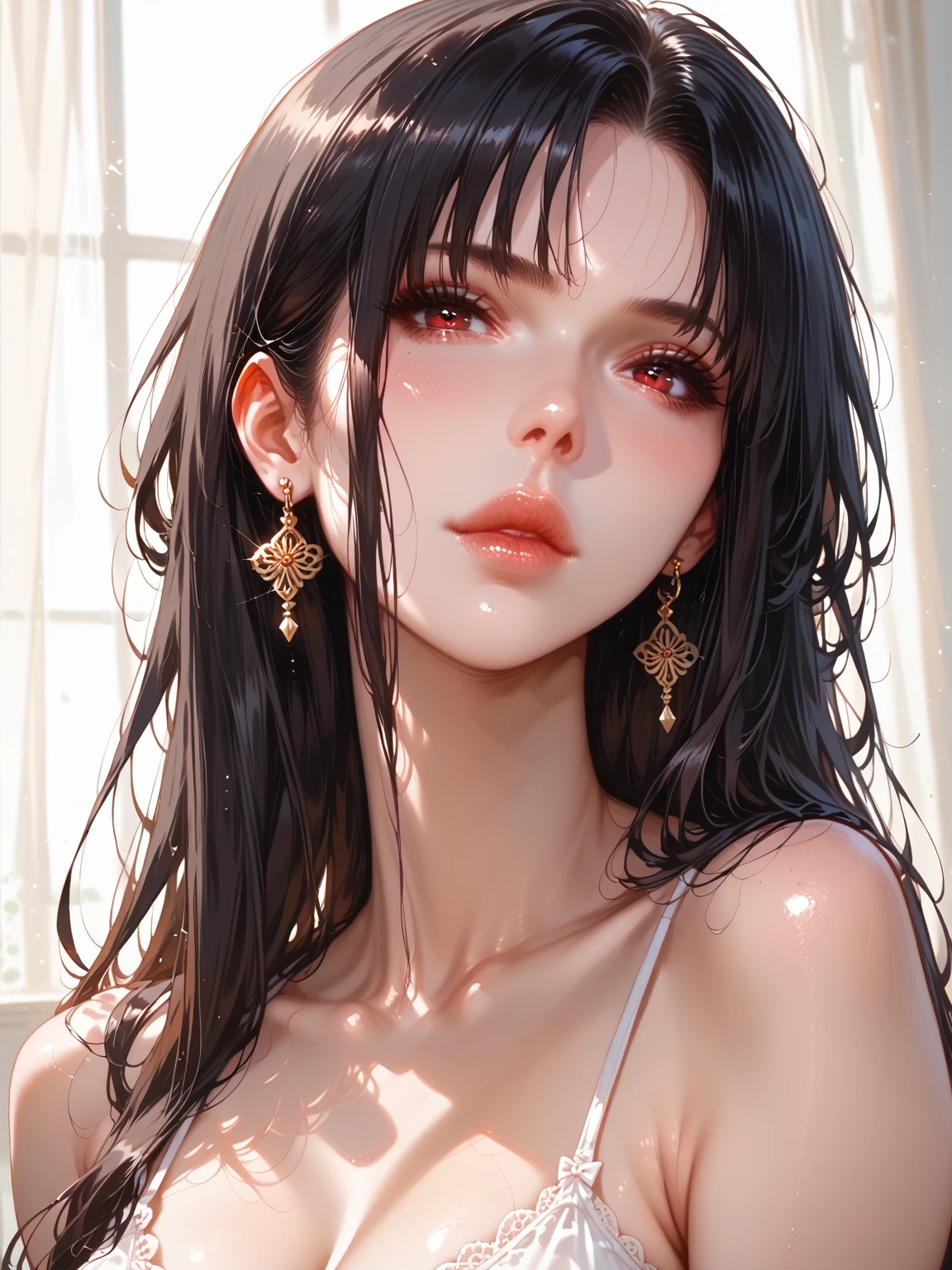 Amazing portrait of a sexy woman with a feral look in her eyes as she's sitting back in her chair with one leg crossed over the other wearing an oversized sweater that is showcasing her bare shoulders and her cleavage her brown hair is curly and messy and her makeup is elegant and sexy wearing elegant earrings and the overall atmosphere is intimate
