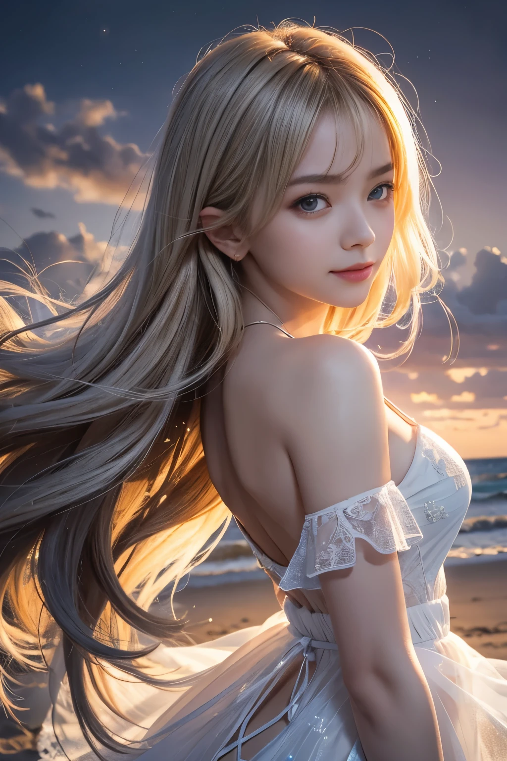 1girl in, Blonde hair, Grey Hair, Long hair, Bangs, Sparkling eyes, longeyelashes, PUPILS SPARKLING, makeup, Smile, depth of fields, From below, silhuette, from behind, Wide Shot, wide angles, ultra wide-angle,、 F/1.8, 135 mm, canon, nffsw, retinas, masutepiece, ccurate, Anatomically correct, Textured skin, Super Detail, high details, High quality, Best Quality, hight resolution, 1080p, hard disk, 4K, 8K、(Woman walking on the beach at sunset)Backlit silhouette、(Translucent white dress),((I can see the silhouette of my body through the light)),(Hair fluttering in the wind)、(Skirt soars in the wind)、