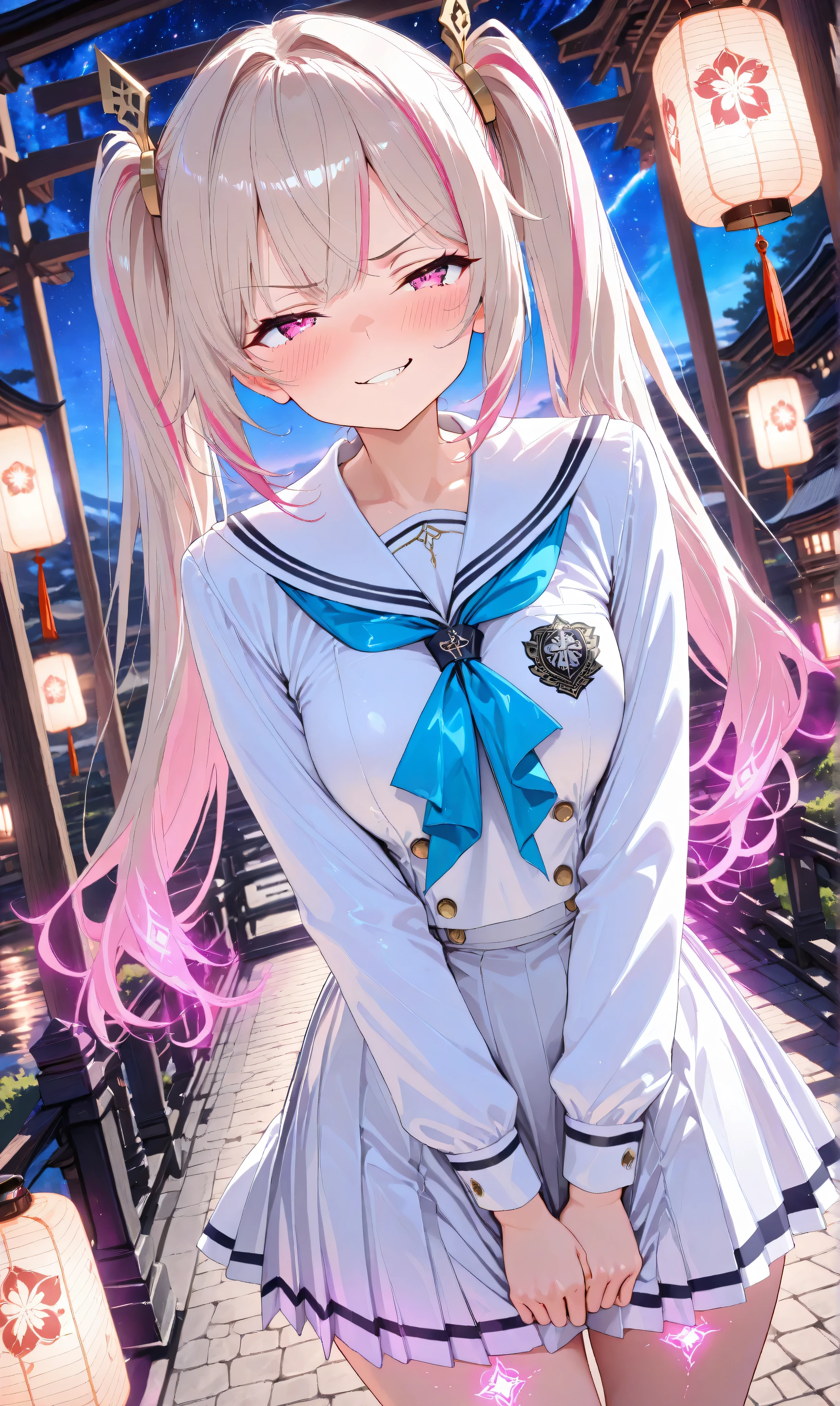 (Masterpiece, ultra-detailed, UHD 8K, highly aesthetic)
(Watercolor:0.5), (Pastelcolor:0.5)
(Soft gradients, glowing effects)
Framed in a cowboy shot angle, a tsundere schoolgirl crouches elegantly on an ancient stone bridge surrounded by softly glowing lanterns under a serene moonlit sky. Her long black twintails streaked with pink highlights flow gently as she adjusts her position. She wears a sailor-style school uniform with intricate textures highlighted by the lanterns' glow. Her slightly embarrassed smirk and blushing cheeks reveal her tsundere personality as she glances confidently at the viewer.