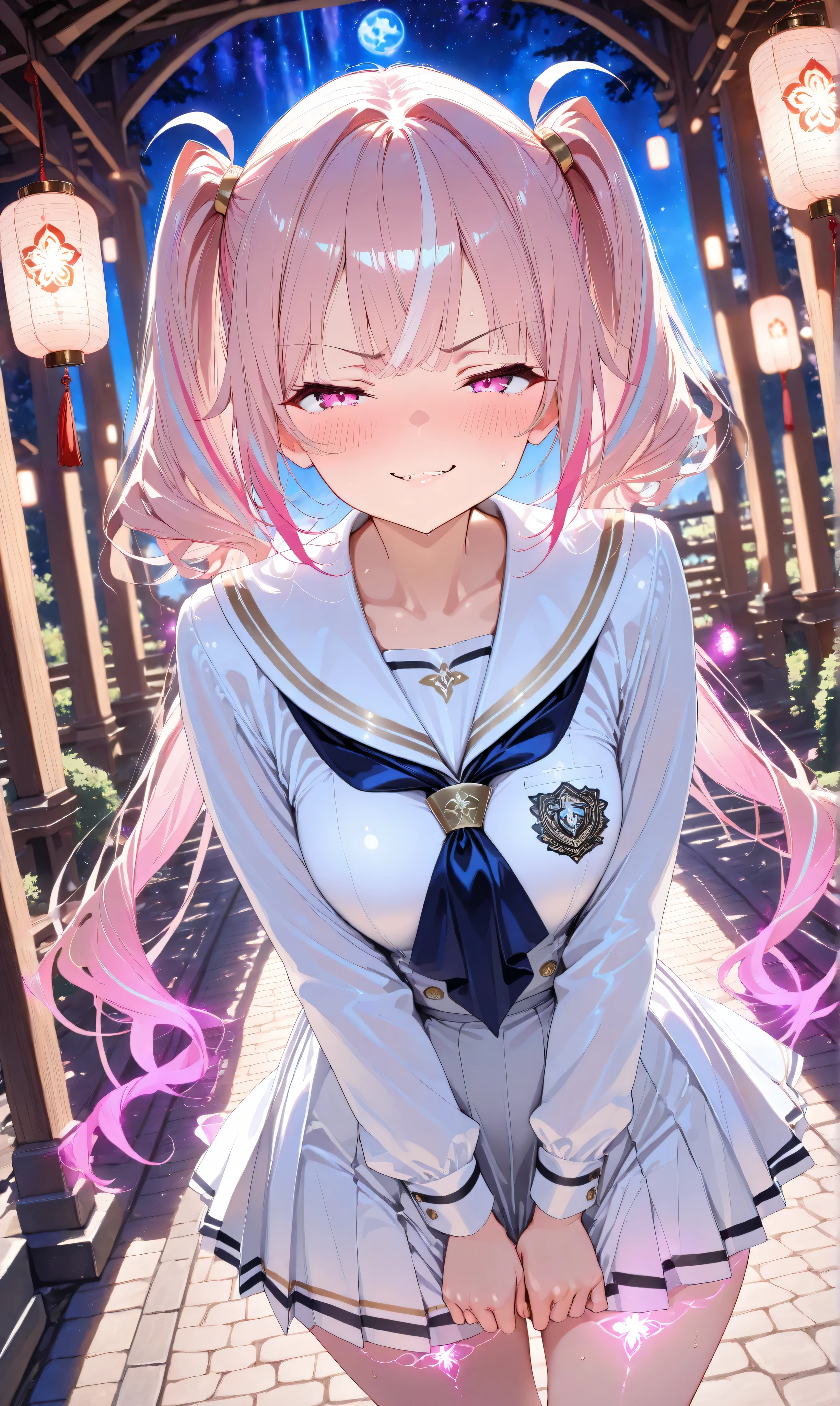 (Masterpiece, ultra-detailed, UHD 8K, highly aesthetic)
(Watercolor:0.5), (Pastelcolor:0.5)
(Soft gradients, glowing effects)
Framed in a cowboy shot angle, a tsundere schoolgirl crouches elegantly on an ancient stone bridge surrounded by softly glowing lanterns under a serene moonlit sky. Her long black twintails streaked with pink highlights flow gently as she adjusts her position. She wears a sailor-style school uniform with intricate textures highlighted by the lanterns' glow. Her slightly embarrassed smirk and blushing cheeks reveal her tsundere personality as she glances confidently at the viewer.