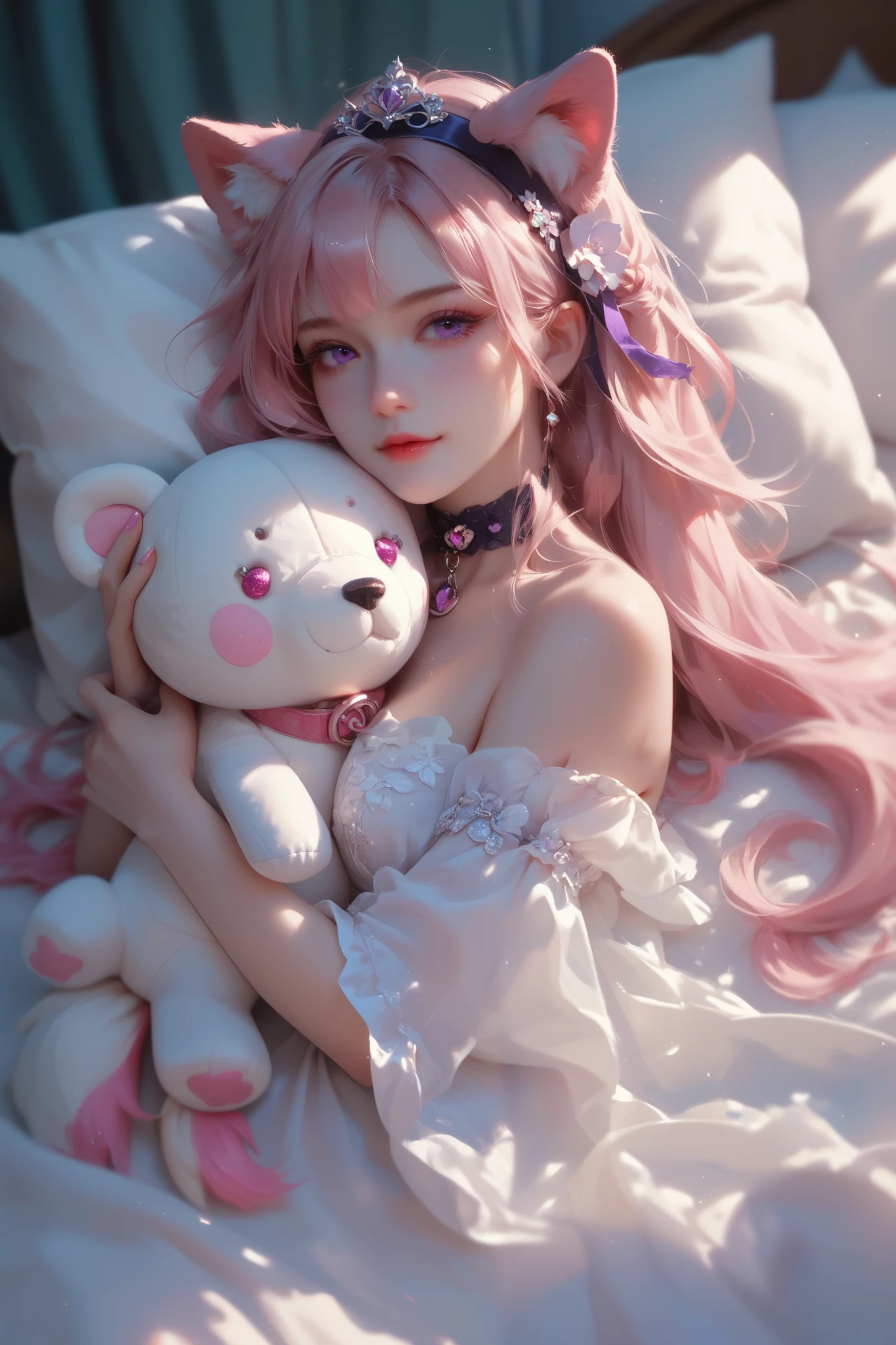 Generate a soft and dynamic stylized illustration of a ethereal and beautiful woman with pale skin, pink hair, purple eyes, and wolf ears, wearing a white frilly dress in a cute style and a collar; she is laying on a white silk sheet with lots of plushies and lacey, cute details, elaborate background.