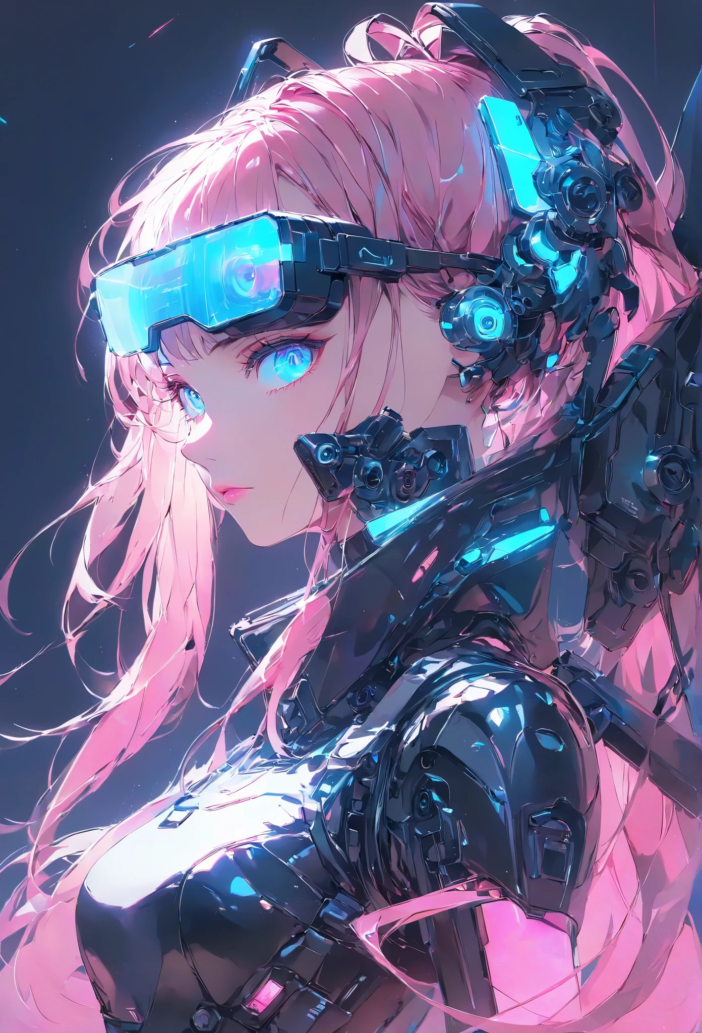 Masterpiece, high quality, high definition, high resolution, high sensitivity, depth, 16k, Makoto Shinkai illustration, ultra fine, surreal, digital painting, neon color, cyberpunk, science fiction, one girl, small breasts, beautiful face, beautiful legs, long eyelashes, fair skin, blue eyes, slit eyes, blue glowing eyes, pink ponytail, black mechanical suit, black body armor, fluorescent glowing suit, mechanical hair piece, head mounted display, futuristic firearms, lever action, gun held forward, anatomically accurate handle, muzzle facing us (muzzle: 1. 1) Cinematic angle.