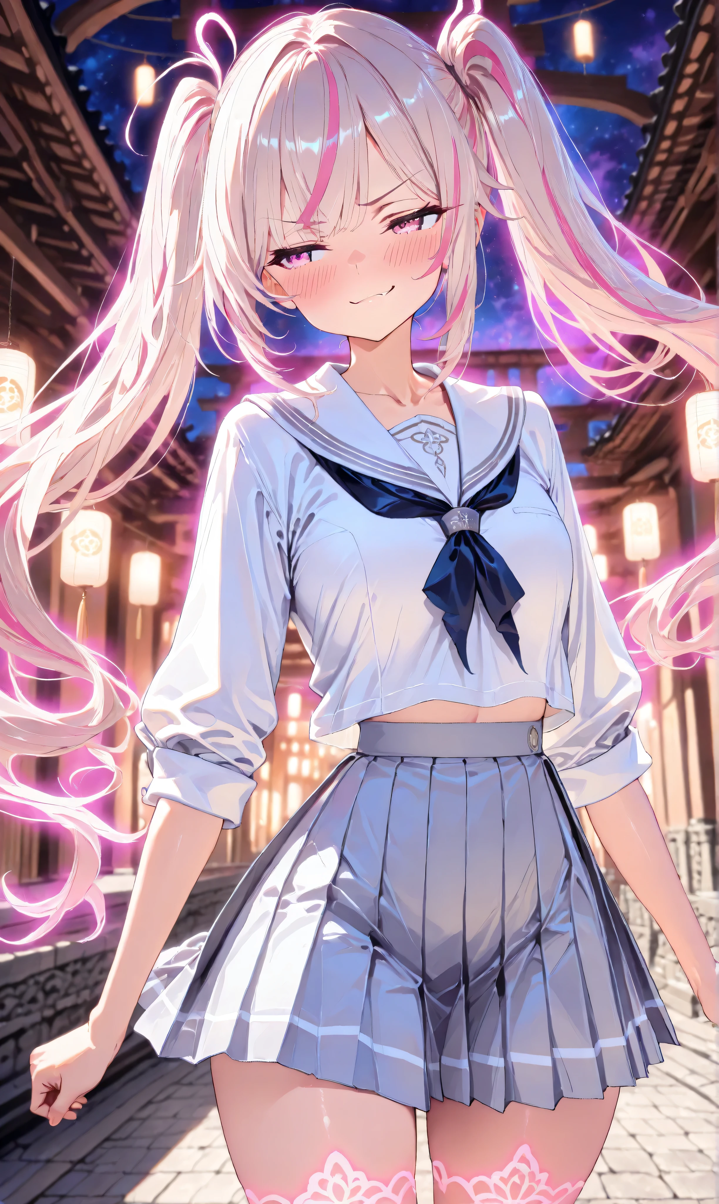 (Masterpiece, ultra-detailed, UHD 8K, highly aesthetic)
(Watercolor:0.5), (Pastelcolor:0.5)
(Perfect lighting, cinematic shading, soft gradients)
A tsundere schoolgirl with long black twintails streaked with pink highlights is framed in a cowboy shot as she crouches gracefully on an ancient stone bridge. The mist swirls around her legs, and softly glowing lanterns illuminate the scene under a serene moonlit sky. She wears a traditional Japanese school uniform with a white sailor-style blouse and navy blue pleated skirt that sways lightly in the breeze. Her blushing cheeks and slightly embarrassed smirk reflect her tsundere nature, while her determined gaze locks onto the viewer, casting an air of charm and strength.