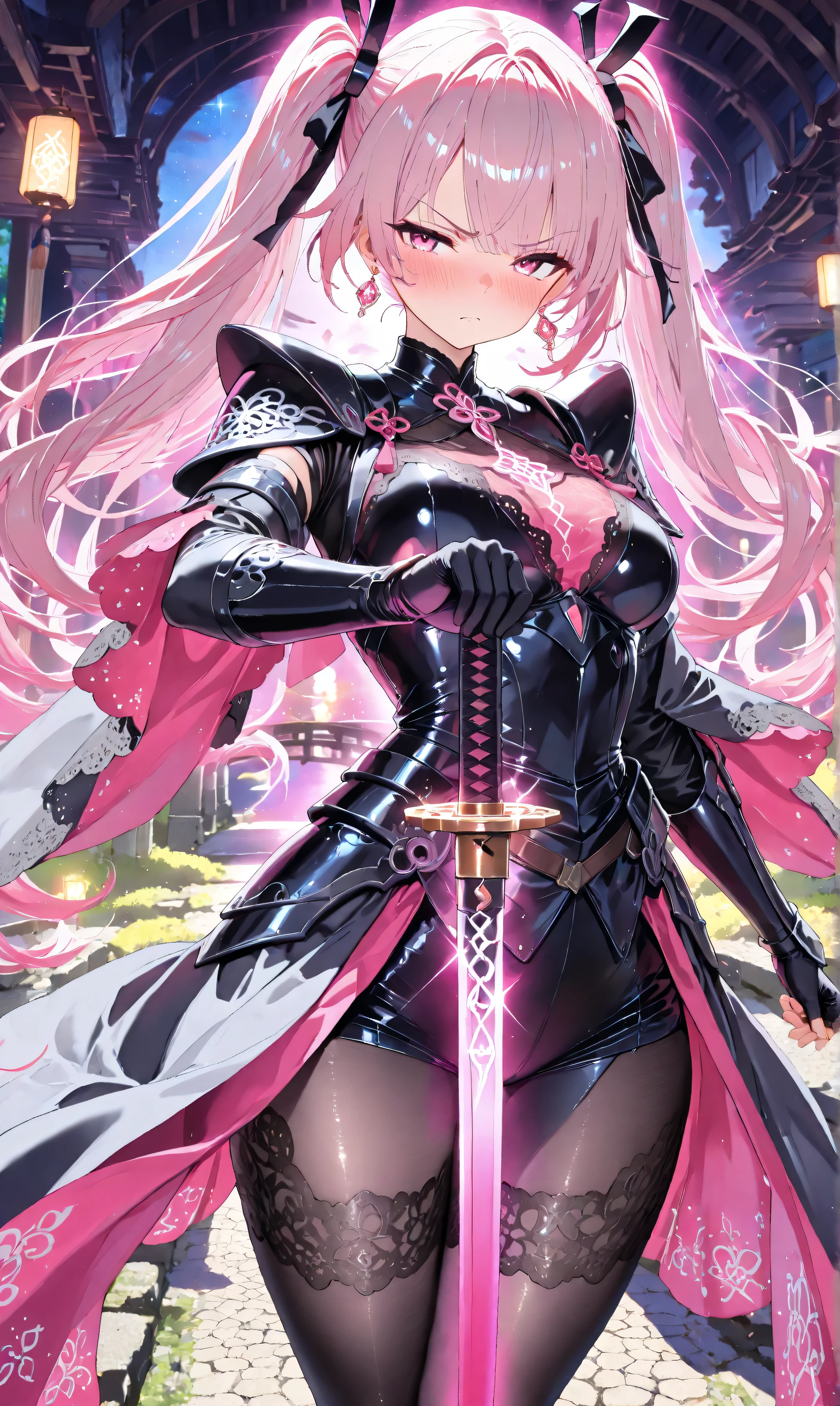 (Masterpiece, ultra-detailed, UHD 8K, highly aesthetic), (watercolor:0.6), (pastelcolor:0.4). A tsundere rogue knight girl with long black twintails accented by pink highlights crouches on a moss-covered stone bridge surrounded by glowing lanterns and drifting mist under the moonlit sky. She wears a pink ruffled blouse beneath sleek black leather armor detailed with lace patterns, ribbons, and dangling gemstone earrings that sparkle faintly in the dim light. In each hand, she holds a katana with intricate hilts and glowing runes along their blades as she strikes an agile battle-ready pose. Her tilted head and blushing expression reveal her tsundere nature, adding depth to her captivating fantasy character.