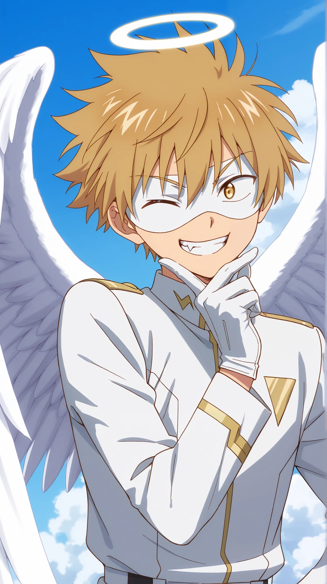 Full pure White hero masked men anime, solo, male focus,white angle uniform,white mask,white eye mask,glove,angel,1boy,mysterious grin,fang out,male focus,big white angel wing,angel halo,golden eye,day sky clouds heaven bankground,inuzuka shuu, blonde,thinking pose,stylish pose,male focus,playful,giggle,laughing,