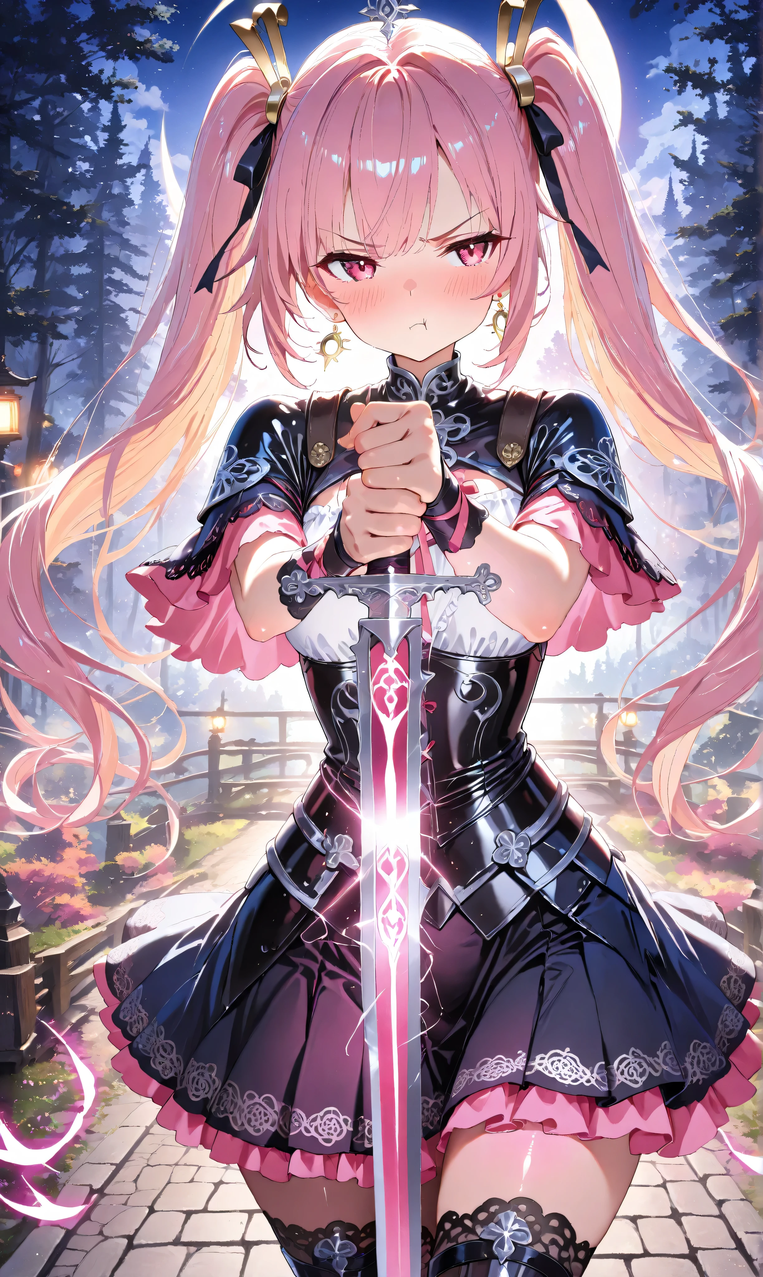 (Masterpiece, ultra-detailed, UHD 8K, highly aesthetic), (watercolor:0.6), (pastelcolor:0.4). A tsundere rogue knight girl with long black twintails highlighted in pink crouches low on an ancient stone bridge lit by glowing lanterns amidst a misty forest under the gentle glow of the moonlight. She wears a pink ruffled blouse layered beneath sleek black leather armor decorated with delicate lace patterns, ribbons, and shimmering silver crescent-moon earrings. In each hand, she grips a katana with glowing rune-etched blades radiating soft magical light as she readies herself for combat. Her blushing pout and sharp glare exude her tsundere nature while her confident stance completes her alluring yet dangerous persona.