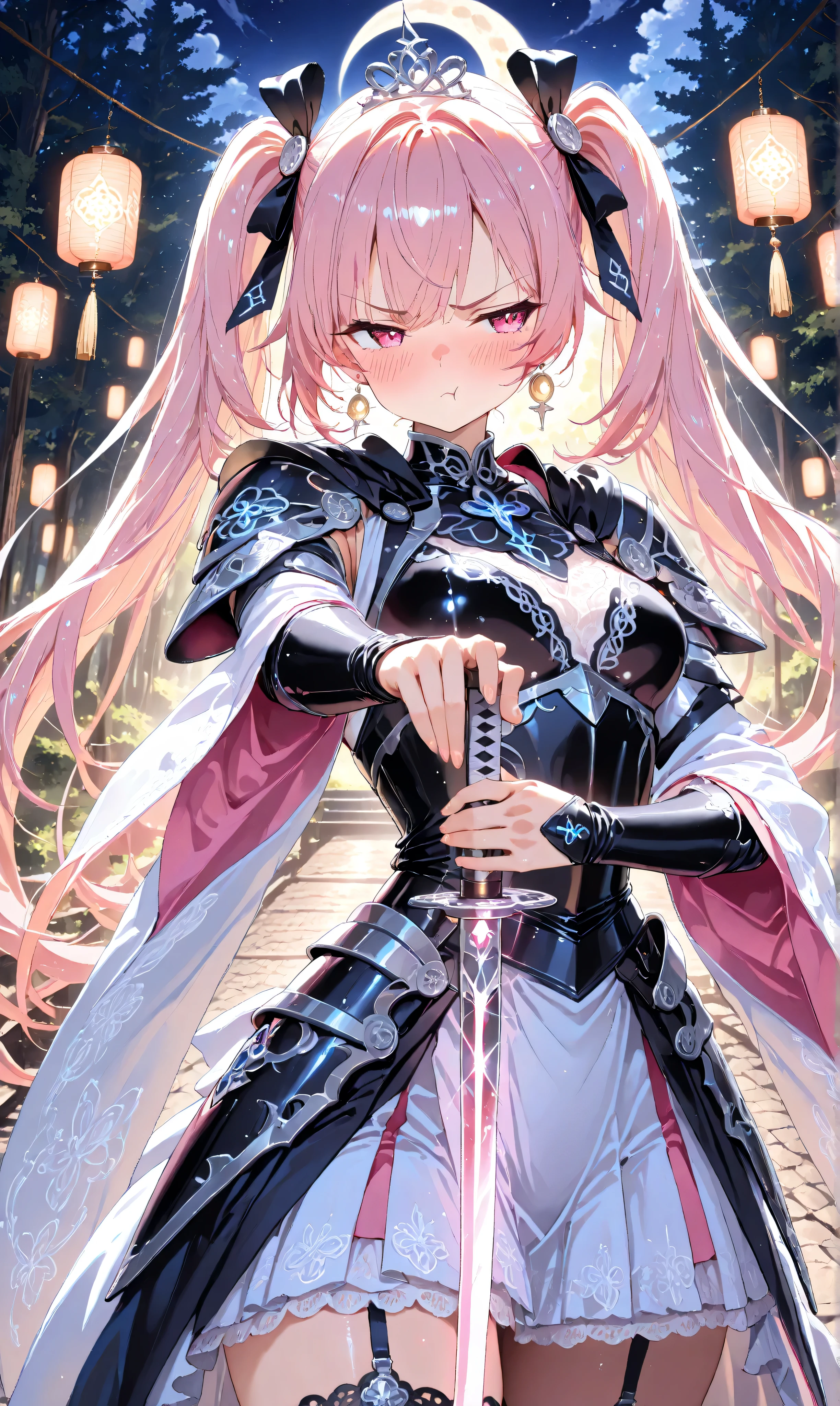 (Masterpiece, ultra-detailed, UHD 8K, highly aesthetic), (watercolor:0.6), (pastelcolor:0.4). A tsundere rogue knight girl with long black twintails highlighted in pink crouches low on an ancient stone bridge lit by glowing lanterns amidst a misty forest under the gentle glow of the moonlight. She wears a pink ruffled blouse layered beneath sleek black leather armor decorated with delicate lace patterns, ribbons, and shimmering silver crescent-moon earrings. In each hand, she grips a katana with glowing rune-etched blades radiating soft magical light as she readies herself for combat. Her blushing pout and sharp glare exude her tsundere nature while her confident stance completes her alluring yet dangerous persona.