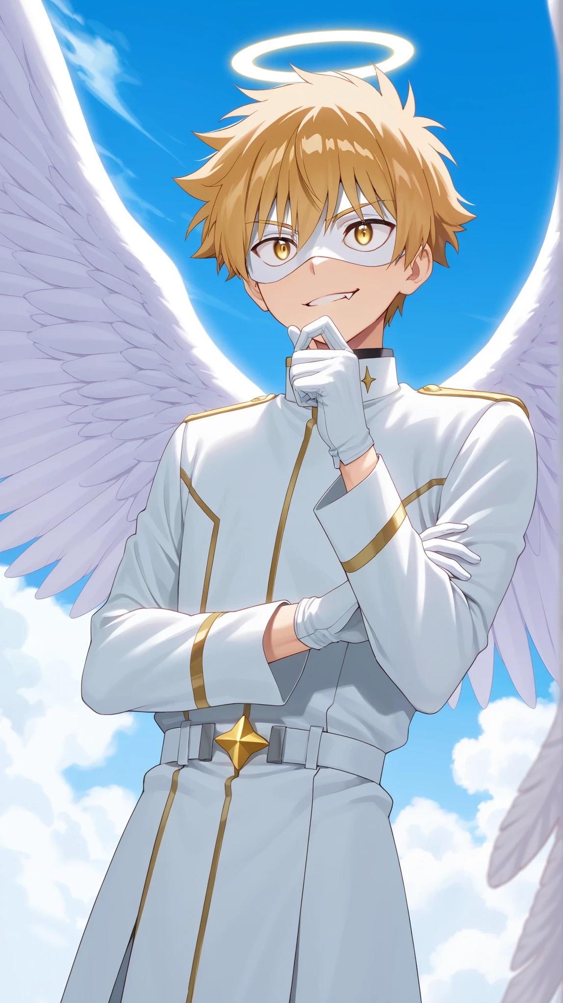 Full pure White hero masked men anime, solo, male focus,white angle uniform,white mask,white eye mask,glove,angel,1boy,mysterious grin,fang out,male focus,big white angel wing,angel halo,golden eye,day sky clouds heaven bankground,inuzuka shuu, blonde,thinking pose,stylish pose,male focus,one hand hold holy light energy star,