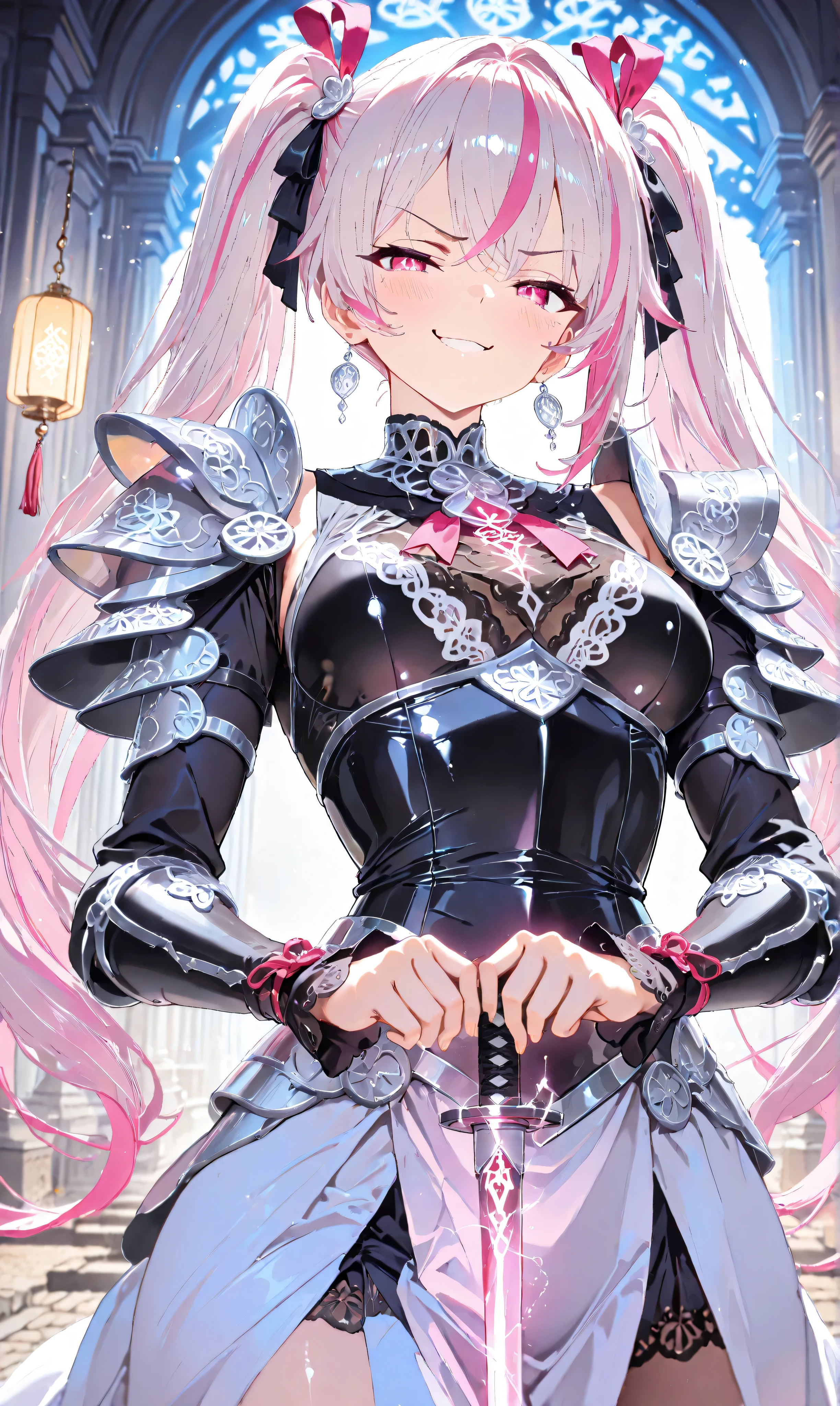 (Masterpiece, ultra-detailed, UHD 8K, highly aesthetic), (watercolor:0.5), (pastelcolor:0.5). A tsundere rogue knight girl with long black twintails streaked with pink highlights crouches gracefully on an ancient stone bridge surrounded by softly glowing lanterns and swirling mist under the silver moonlight. She wears a pink ruffled blouse beneath lightweight black leather armor adorned with lace details, ribbons, and shimmering silver earrings that catch the moonlight. In both hands, she wields dual katana with elegant curved blades engraved with glowing runes that faintly illuminate the mist around her. Her head tilts slightly as she blushes with a pouty yet confident smirk, exuding both charm and mystery in this fantasy-inspired scene.