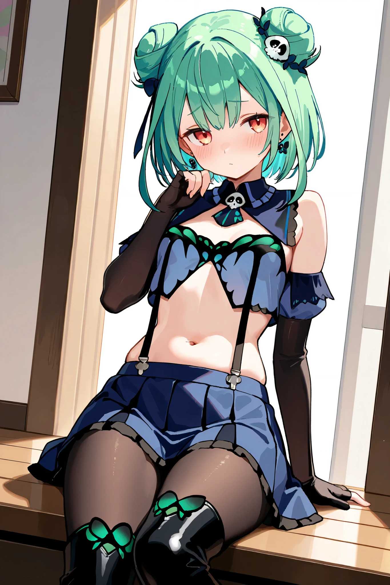 rushia_bikini, green hair, short hair, side buns, blue bikini, frills, butterfly, small breasts, skull hair ornament,grin,my room,(((trembling))),looking viewer,nsfw