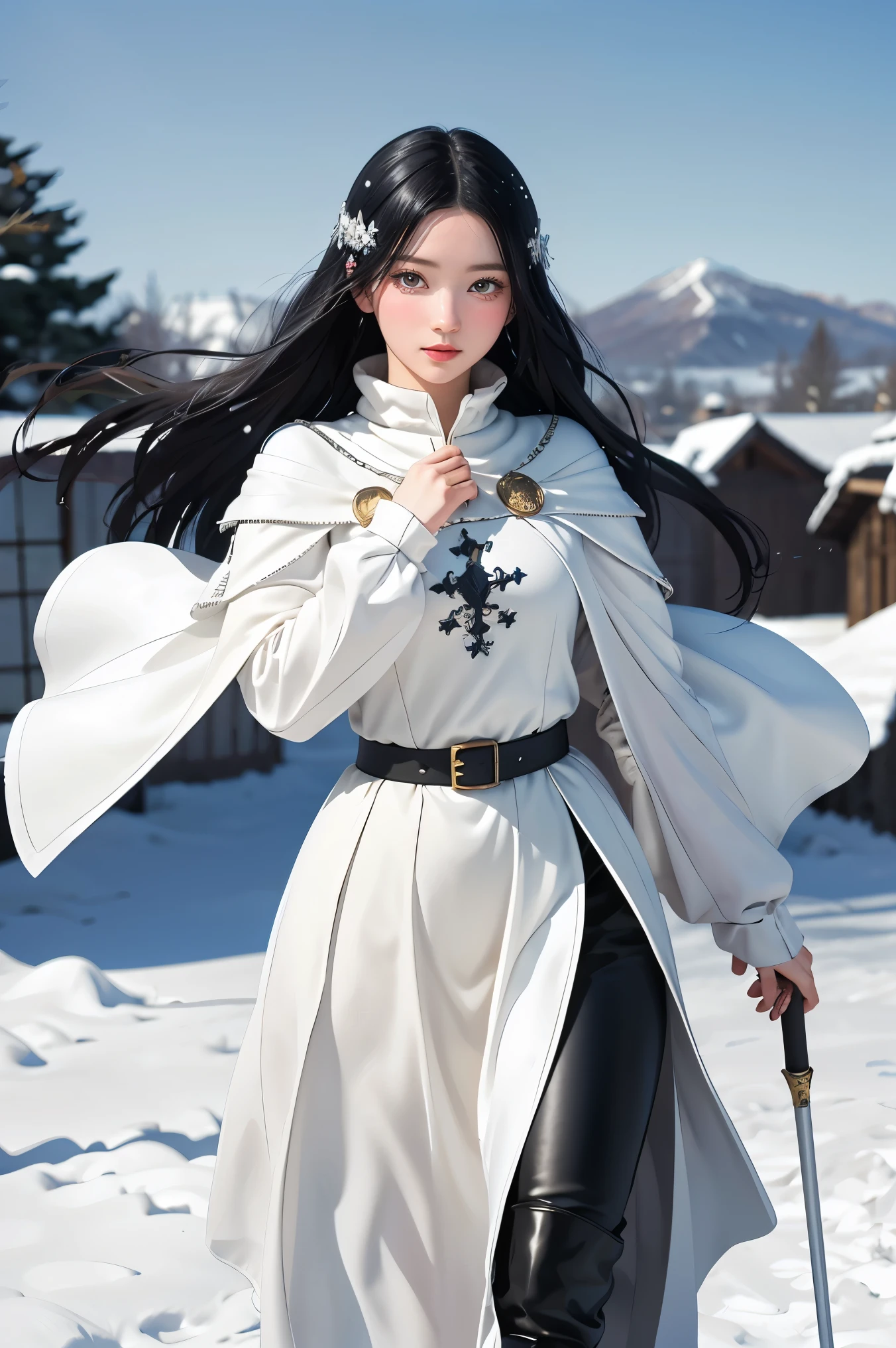 Young woman, Black hair, Wearing black medieval European clothing, Walking in the falling snow, A white spear is in her left hand., There is a large white magic circle., Manga drawing style, realistic 2.5D