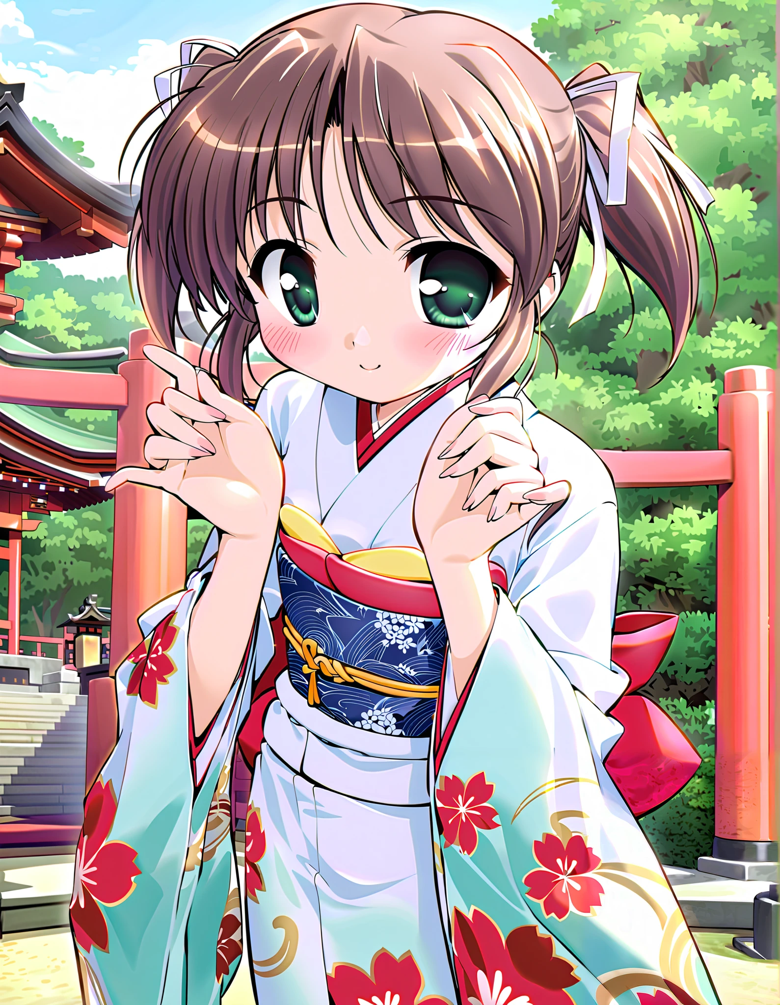 Asagiri Mai_3age, Alone, (cowboy shot), brown hair , short hair while on a business trip, hair ribbon, twintails, green eyes, small breasts, (Cute Japanese clothes), ( cute pose), (Shichi-go-san), (Red cheeks:1.2), (bright smile:1.1), (shrine), (morning), score_9, score_8_superior, score_7_superior, source_anime, (best quality:1.2), 細部までこだわったanime, high quality , full color, 8k, high resolution