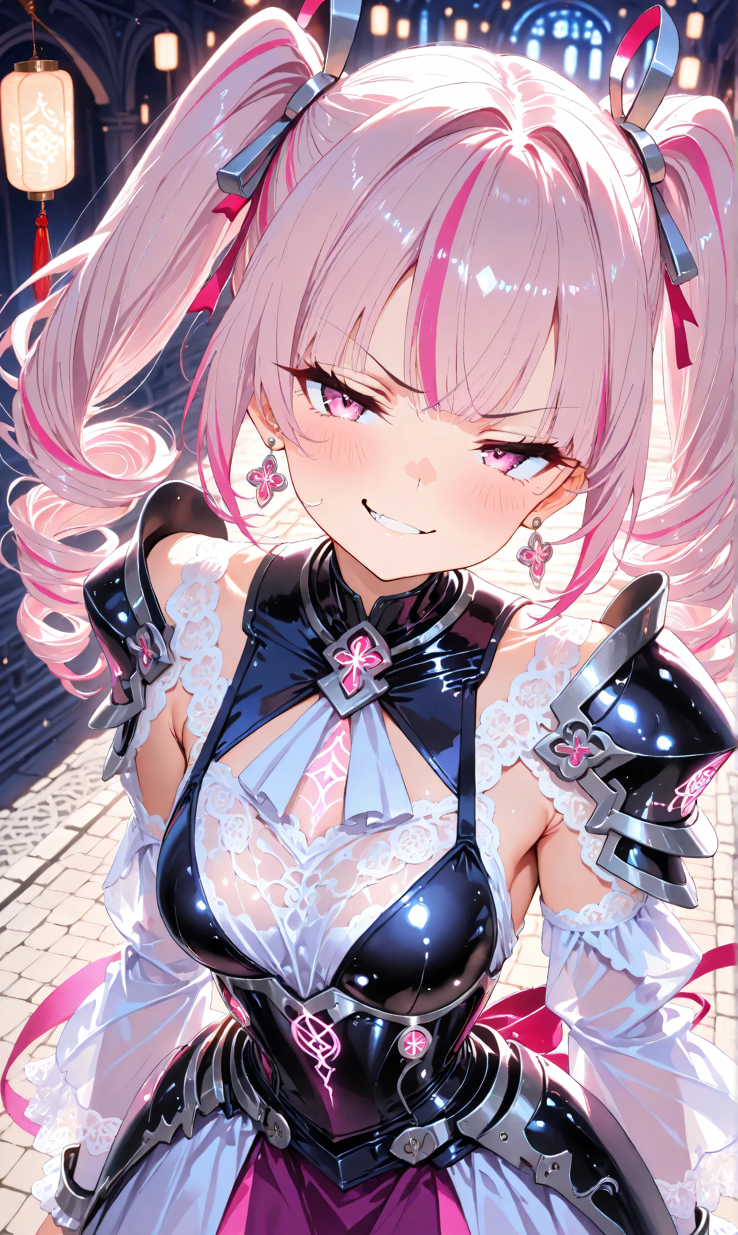 (Masterpiece, ultra-detailed, UHD 8K, highly aesthetic), (watercolor:0.5), (pastelcolor:0.5). A tsundere rogue knight girl with long black twintails streaked with pink highlights crouches gracefully on an ancient stone bridge illuminated by softly glowing lanterns and swirling mist under the silver moonlight. She wears a pink ruffled blouse beneath lightweight black leather armor adorned with intricate lace details, ribbons, and elegant drop earrings that sway gently as she moves. Dual katana engraved with radiant runes glimmer faintly in her hands as she strikes a poised stance. Her flushed cheeks and defiant smirk hint at her tsundere personality while her piercing gaze adds to her mysterious allure.