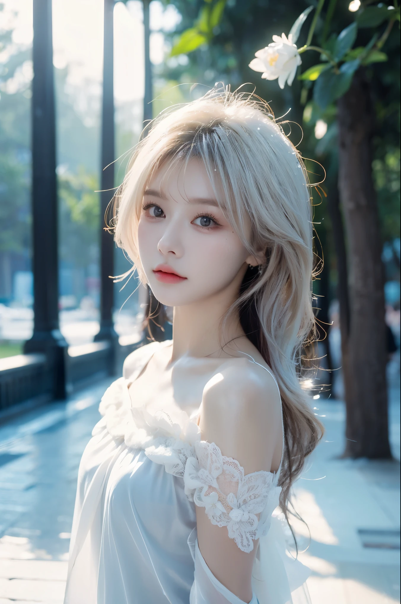 (((Masterpiece))), Best quality, illustration, 4k wallpaper, Cinematic light, absurderes, 1girll,(Snow,Ice), snowflower, In winter, White hair, Shiny hair, Wavy hair, Transparent clothes, frilld, Lace, Wet clothes, Off_Shoulder, hair scrunchie,Masterpiece, Telephoto lens, absurderes, Exquisite facial features，filmposter，Poster composition，posing elegantly，classics，Natural light，Soft light，（Seven-doppelganger composition） ，epic，dream magical，mistic