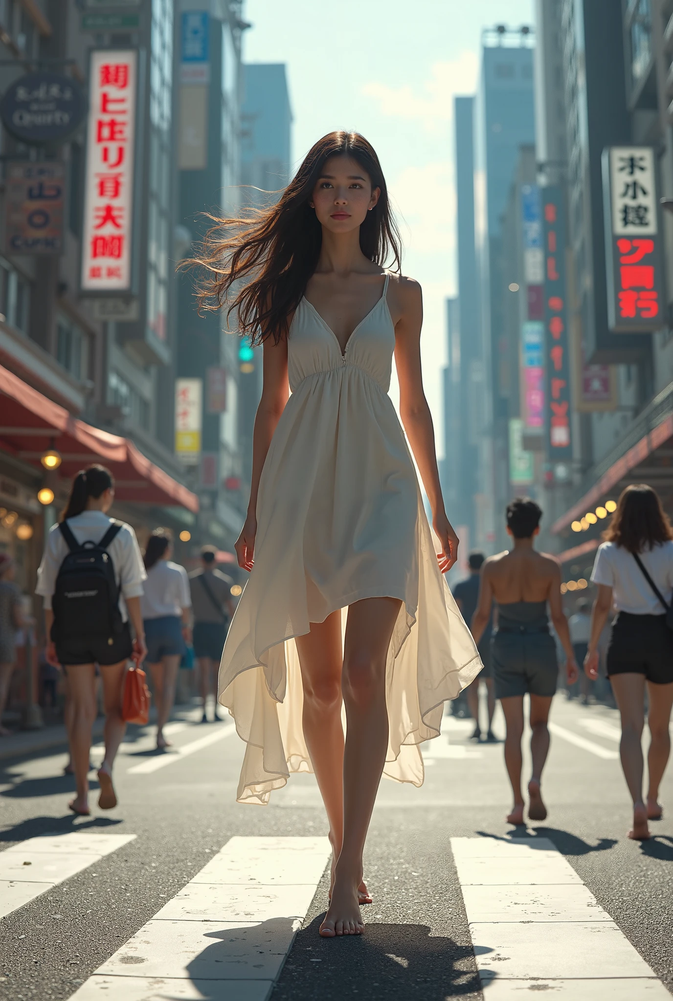 Girl running in a bustling commercial street，Side view，Wearing a white dress，Revealing champagne-colored heels