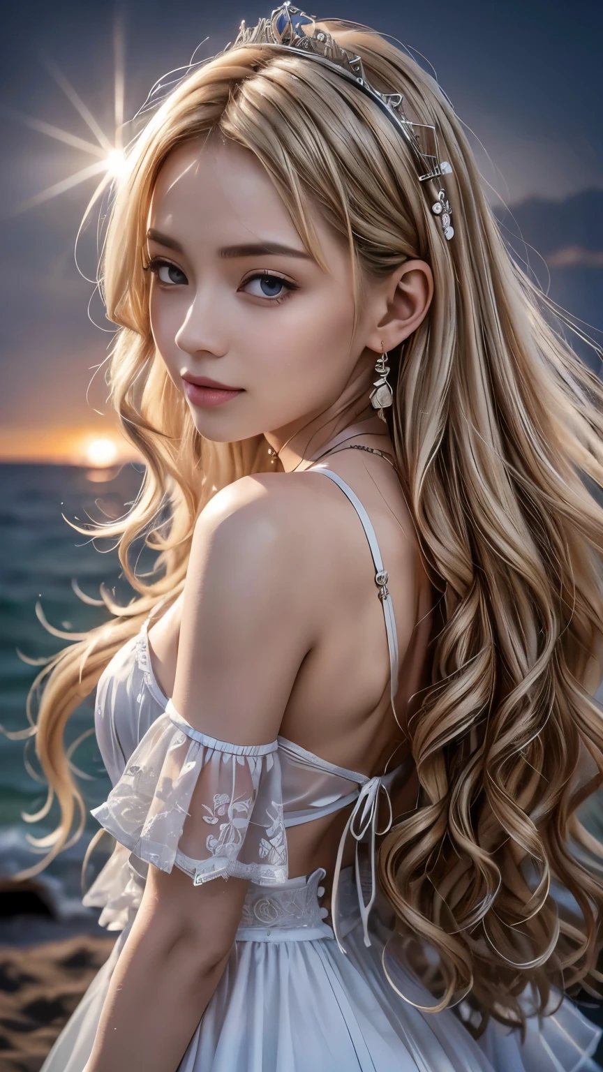 ((RAW shooting:1.5, realistic :1.5, 8k, highest quality, masterpiece, ultra high resolution)), night, sommer, beach side, Sunny sky without a cloud, professional camera work:1.3, Highly detailed skin and facial textures:1.3, glow light effect, Super detailed:1.3, cute british princess, Fair skin, Glossy skin, (elegant:1.4, small face), Ultimate Cute Face:1.5, (cute eyes:0.9, looking far away), smile:1.0, (mouth is slightly open:0.4, cute mouth:0.7), double eyelid, ((super long white blonde curly hair)), tiara, necklace and earrings, ((The correct way to wear an elegant, glossy satin princess dress with an off-the-shoulder style)), cowboy shot, ((sunset, sunlight shining from behind:1.6, Strong sunlight spreads across the screen:1.6)), ((Strong sunlight shines on a woman:1.7))
