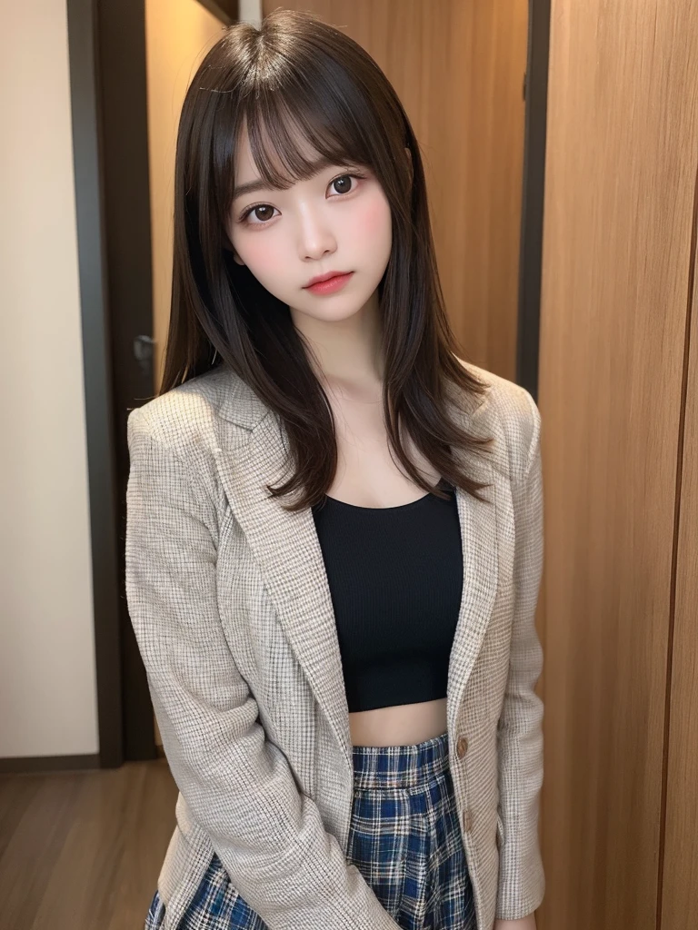 masterpiece, highest quality, High resolution,alone,Brown,artistic,Best lighting,Casual clothing,Flat Chest,Beautiful Face,expensive,smile,light makeup,Age 24,Calm woman,Detailed Hair,Laughing woman,Face Focus,Bun Hair,Vibrant colors,Thin eyebrows,Low exposure,Woman wearing a jacket,Pants Style,terrace,風になびくDetailed Hair,night,Background Bokashi,illumination
