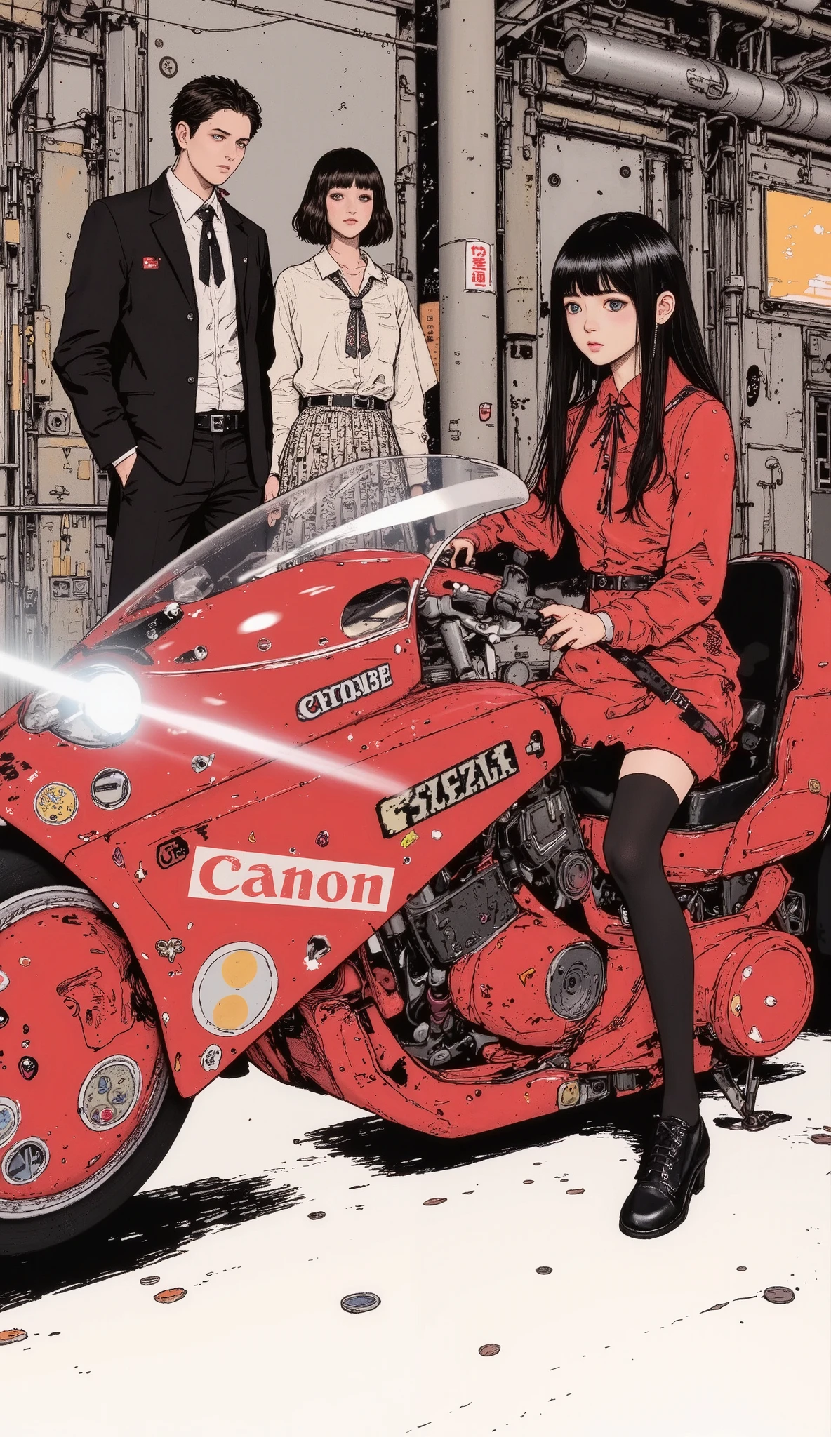 manga digital illustration style :1.5, Japanese girl appearing in comics :1.5 , Japanese girl appearing in comics :1.5 、Akira riding a motorcycle , night background, Gotham :1.55, despair , full body, high definition , seed, sharp focus by G , 8k, high resolution , line drawing illustration , abstract black and white :1.3, heterosexual goth couple appearing in comics 「Carnal art 」 , orange background