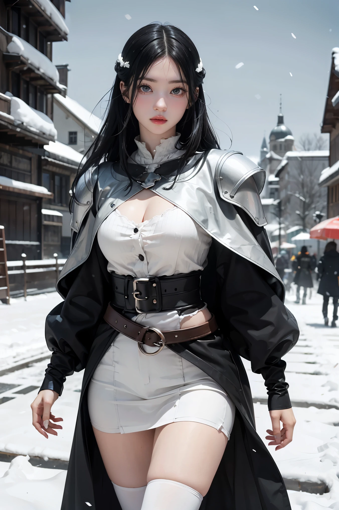 Young woman, Black hair, Wearing black medieval European clothing, Walking in the falling snow, A white spear is in her left hand., There is a large white magic circle., Manga drawing style, realistic 2.5D