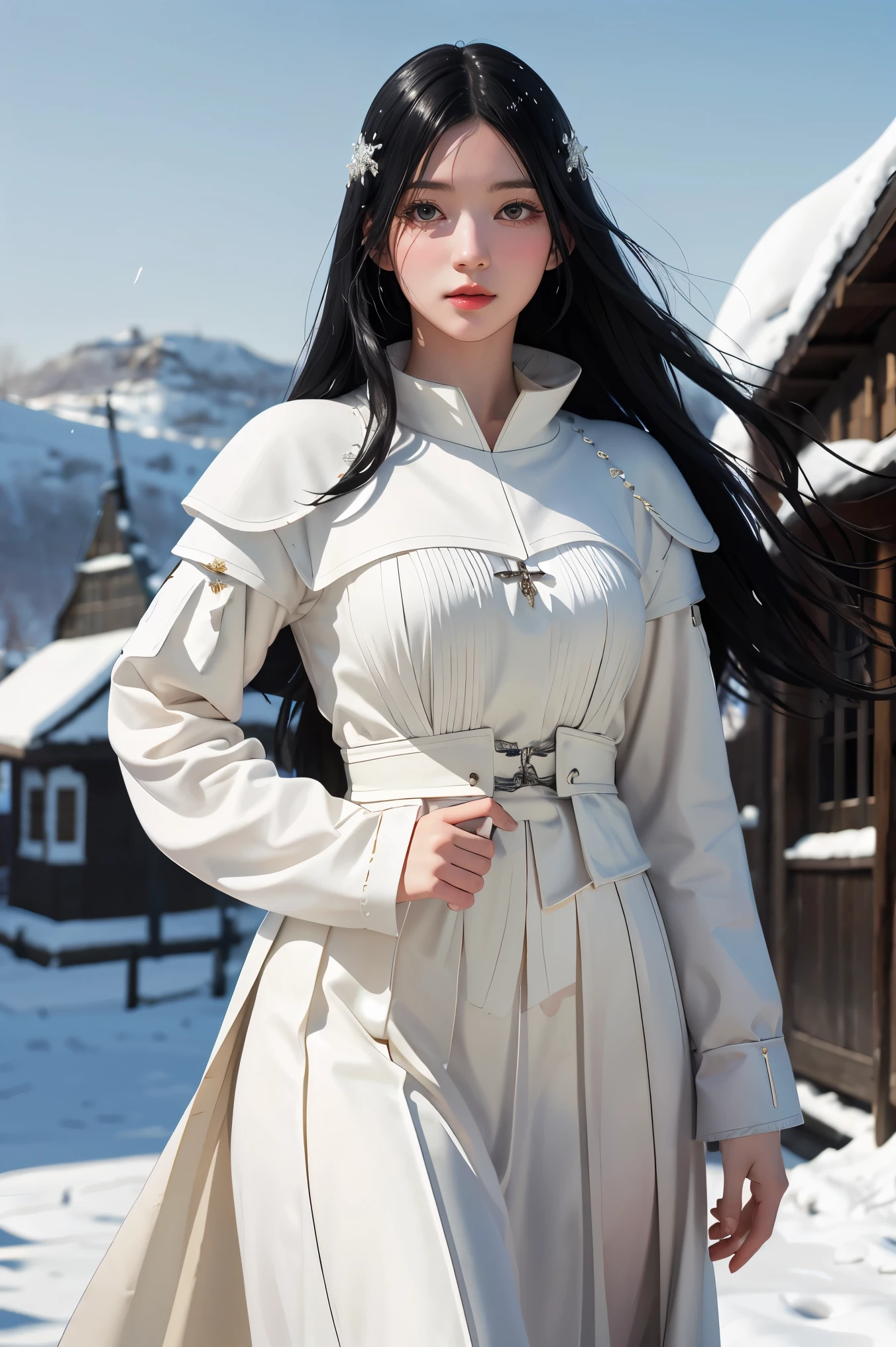 Young woman, Black hair, Wearing black medieval European clothing, Walking in the falling snow, A white spear is in her left hand., There is a large white magic circle., Manga drawing style, realistic 2.5D