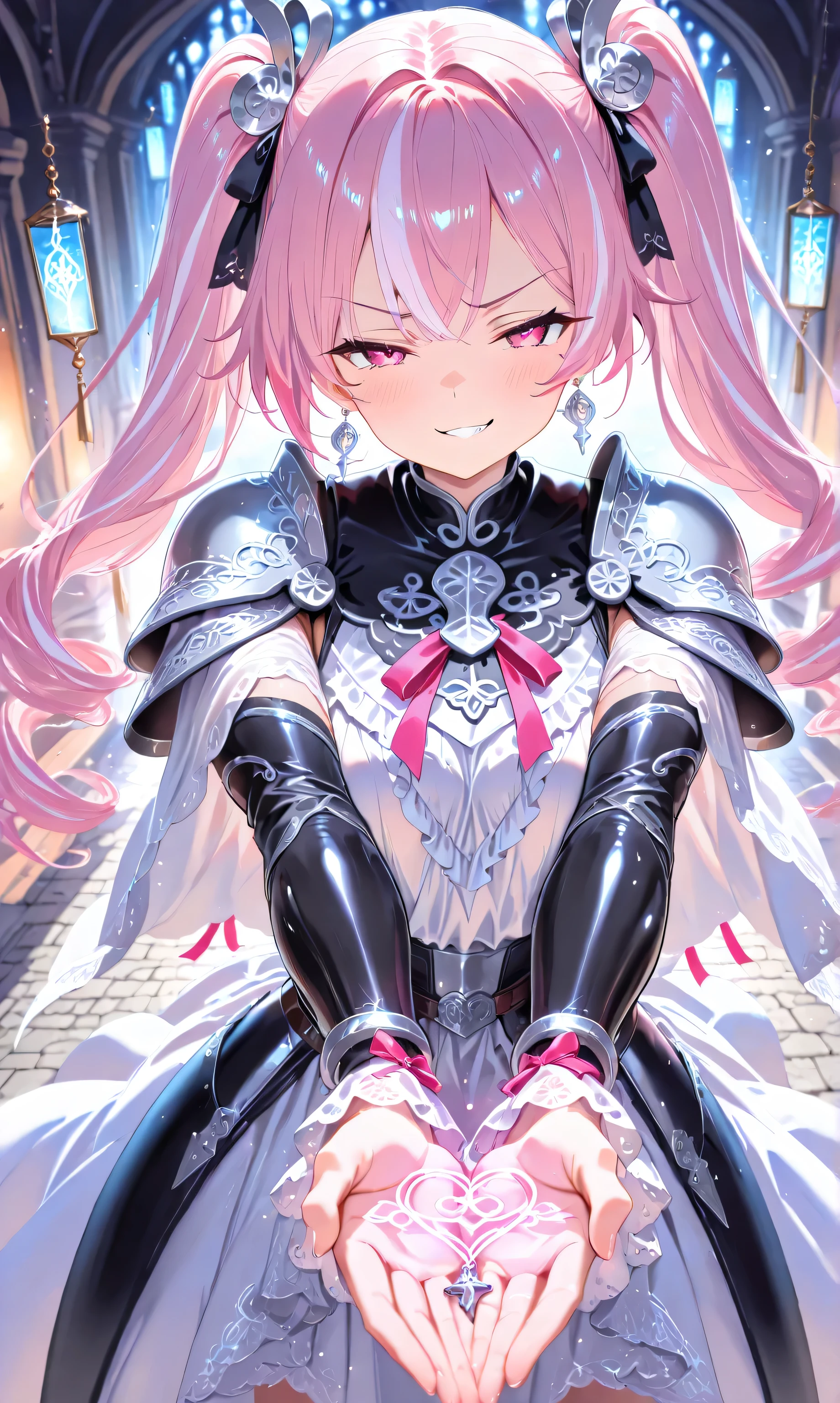 (Masterpiece, ultra-detailed, UHD 8K, highly aesthetic), (watercolor:0.5), (pastelcolor:0.5). A tsundere rogue knight girl with long black twintails streaked with pink highlights crouches gracefully on an ancient stone bridge surrounded by softly glowing lanterns and swirling mist under the silver moonlight. She wears a pink ruffled blouse beneath lightweight black leather armor adorned with lace details, ribbons, and shimmering silver earrings that catch the moonlight. In both hands, she wields dual swords engraved with glowing runes that faintly illuminate the mist around her. Her head tilts slightly as she blushes with a pouty yet confident smirk, exuding both charm and mystery in this fantasy-inspired scene.