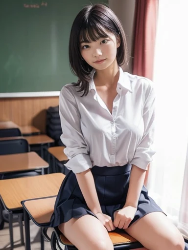 score_9, score_8_up, score_7_up, best quality, masterpiece,realistic eye, big breasts, japanese girl, , Classroom, high School,(short sleeve shirt:1.4)