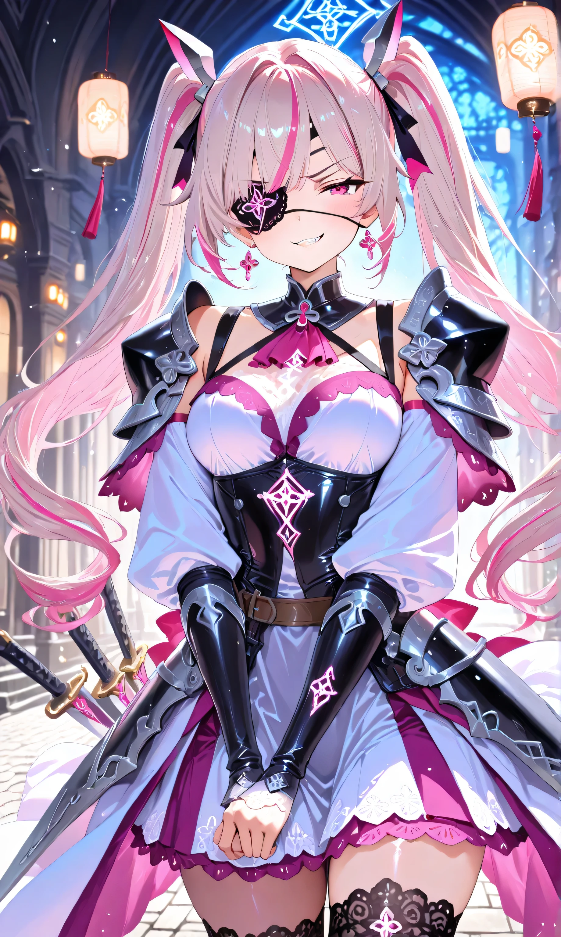 (Masterpiece, ultra-detailed, UHD 8K, highly aesthetic), (watercolor:0.5), (pastelcolor:0.5). A tsundere rogue knight girl with long black twintails streaked with pink highlights crouches gracefully on an ancient stone bridge illuminated by softly glowing lanterns and swirling mist under the silver moonlight. She wears a pink ruffled blouse beneath lightweight black leather armor adorned with intricate lace details, ribbons, and elegant drop earrings that sway gently as she moves. Dual swords engraved with radiant runes glimmer faintly in her hands as she strikes a poised stance. Her flushed cheeks and defiant smirk hint at her tsundere personality, while her eyepatch adds depth to her mysterious fantasy character.