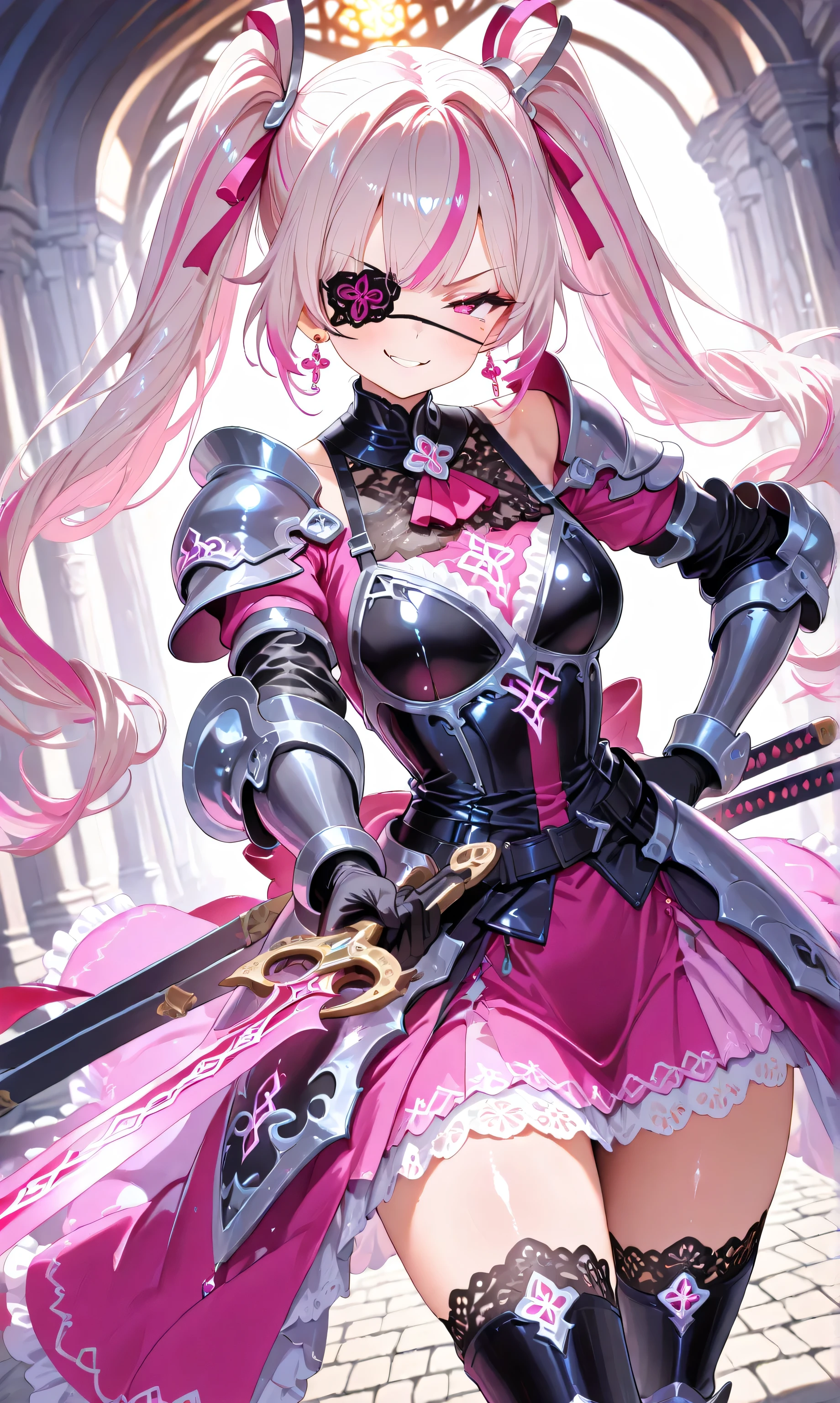 (Masterpiece, ultra-detailed, UHD 8K, highly aesthetic), (watercolor:0.5), (pastelcolor:0.5). A tsundere rogue knight girl with long black twintails streaked with pink highlights crouches gracefully on an ancient stone bridge illuminated by softly glowing lanterns and swirling mist under the silver moonlight. She wears a pink ruffled blouse beneath lightweight black leather armor adorned with intricate lace details, ribbons, and elegant drop earrings that sway gently as she moves. Dual swords engraved with radiant runes glimmer faintly in her hands as she strikes a poised stance. Her flushed cheeks and defiant smirk hint at her tsundere personality, while her eyepatch adds depth to her mysterious fantasy character.