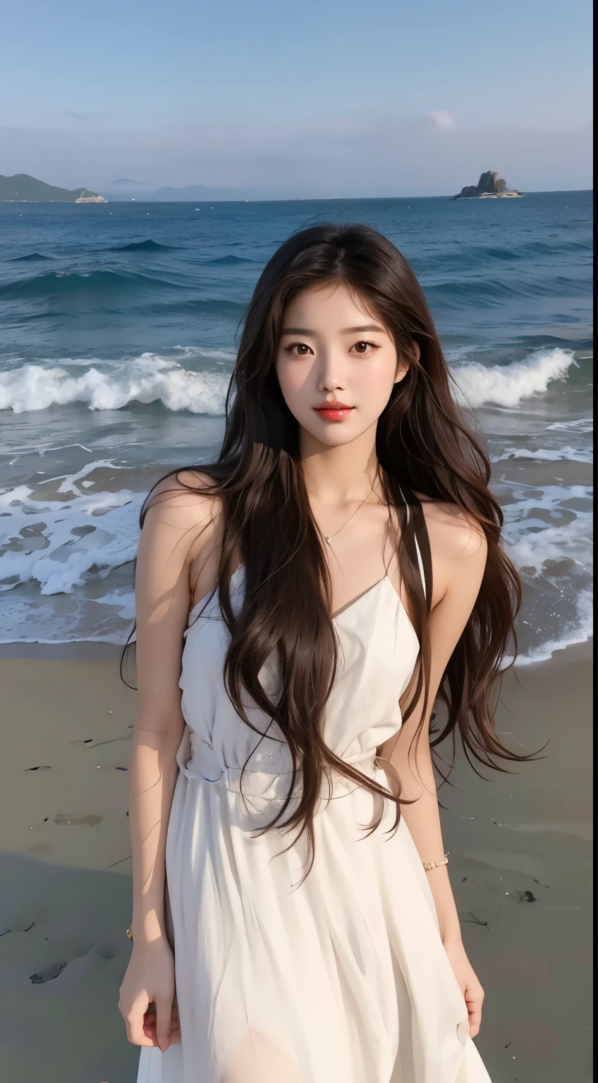 arafed woman in a white dress standing on a beach, beautiful Korean women, bae suzy, Gorgeous young Korean woman, Asian girl with long hair, Beautiful young Korean woman, jaeyeon nam, Brown hair long, With long hair, Korean girl, ulzzangs, Long brown wavy hair, waist long hair, appealing long hair, long hair girl
