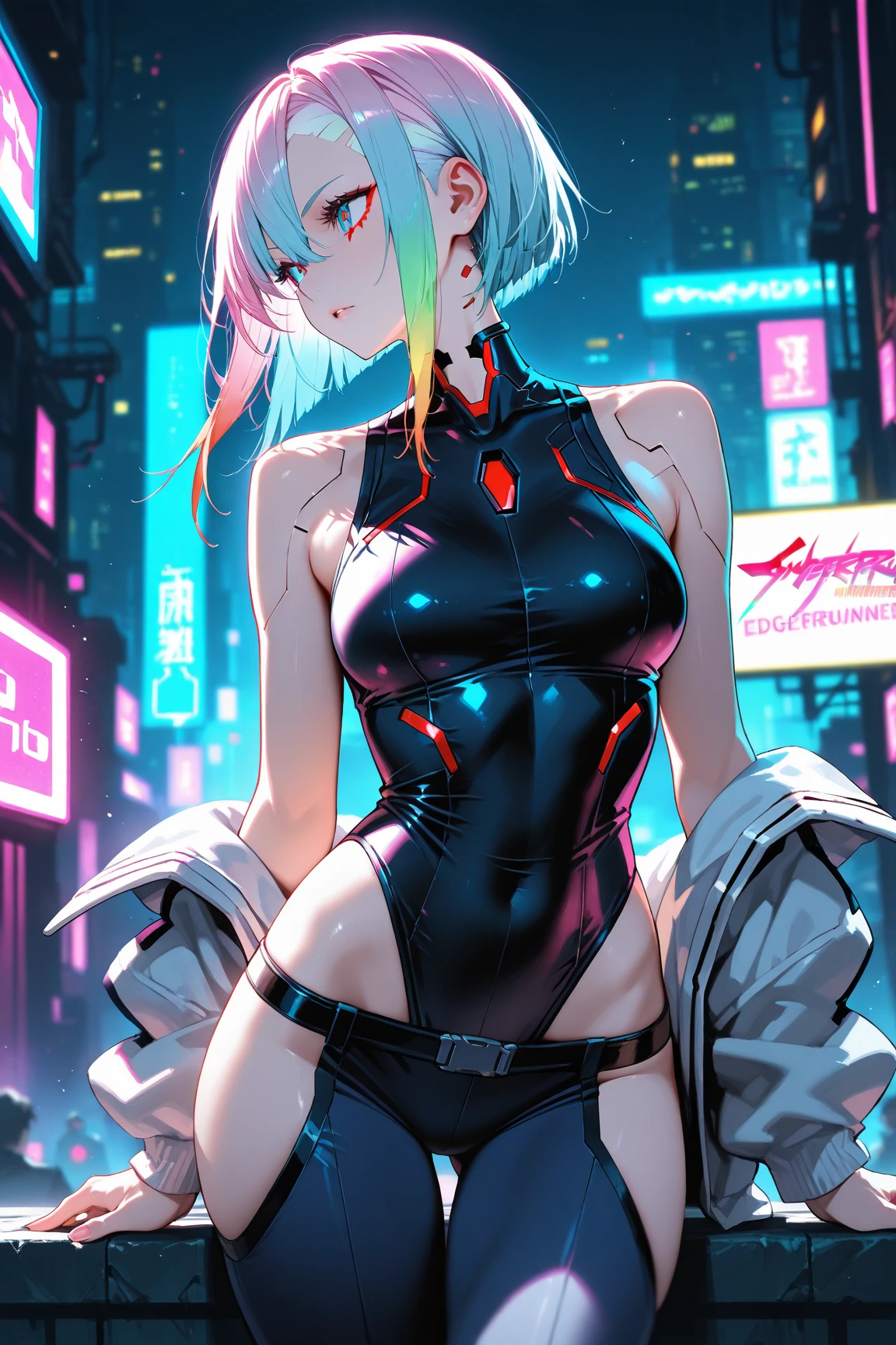 lucy \(cyberpunk\), 1girl, against railing, arm rest, bangs, bare shoulders, belt, black belt, black leotard, black pants, blurry, bob cut, breasts, building, cigarette, cityscape, clothing cutout, cropped jacket, cyberpunk, depth of field, from side, gradient eyes, grey eyes, grey hair, holding, holding cigarette, jacket, leotard, lips, long sleeves, looking afar, looking ahead, mechanical parts, medium breasts, multicolored eyes, multicolored hair, night, night sky, off shoulder, open clothes, open jacket, outdoors, pants, parted lips, railing, red eyeliner, science fiction, short hair with long locks, short shorts, shorts, sidelocks, sky, smoke, smoking, solo, standing, teeth, thigh cutout, upper teeth only, white jacket, white shorts, cyberpunk \(series\), cyberpunk edgerunners, <lora:lucyCyberpunk_35Epochs:1>