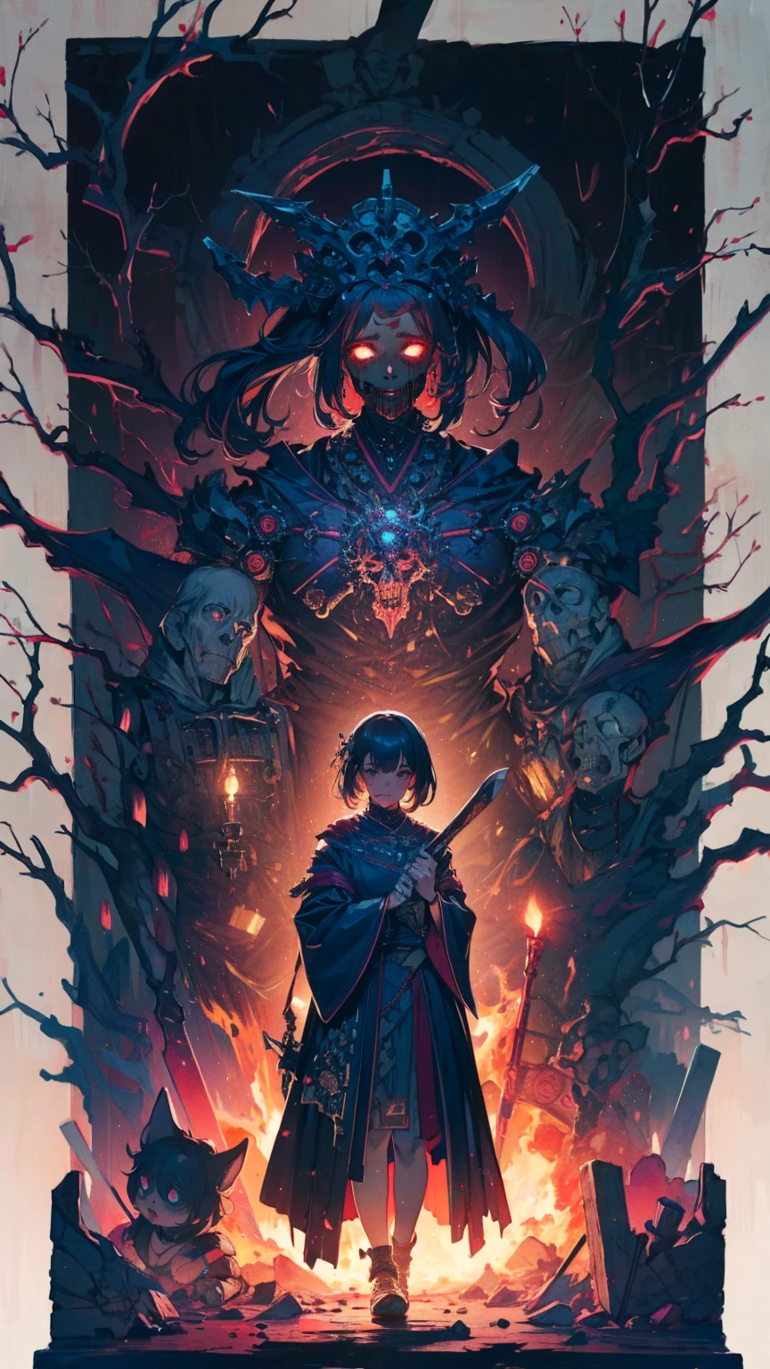 （​masterpiece)、Skeleton Man、Ghost of the samurai、decedent、Dark、Drag into the abyss、the chaos、Character Painting、terrifying、The artwork、、epic exquisite character art、Approaching perfection、art  stations、Temple on dark background、