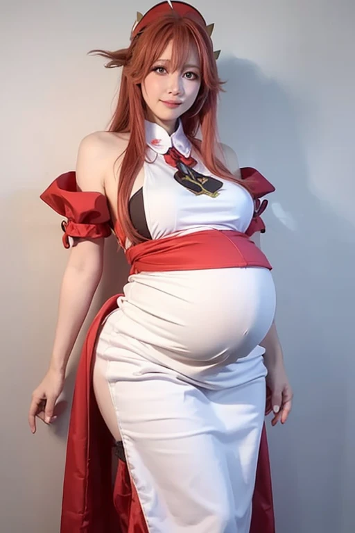 Beautiful pregnant female angel, elegant detailed and tight white dress with blue details, blue gems, mature, bunny ears, orange hair, piercing blue eyes, wants to have sex with me, cleavage, fully body shot