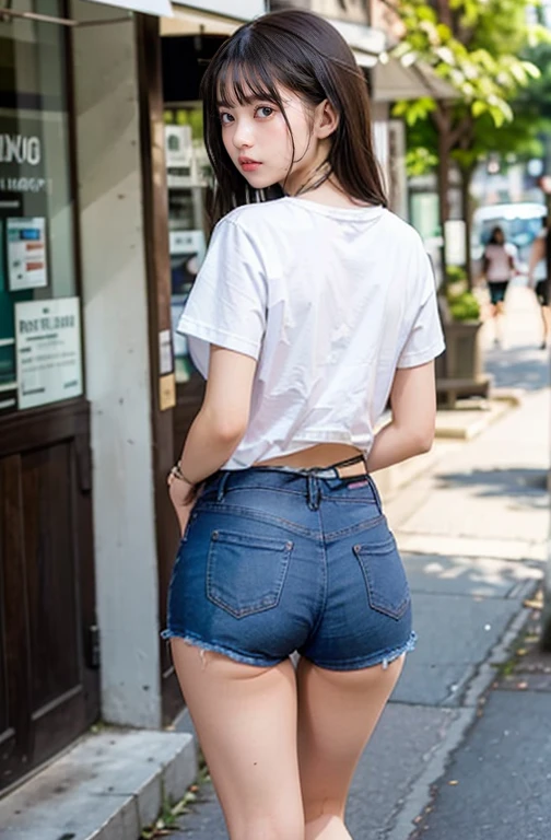 Highest quality、8K、Elementary school girl、Big Breasts、View from behind、Denim shorts、Black knee-high socks、
