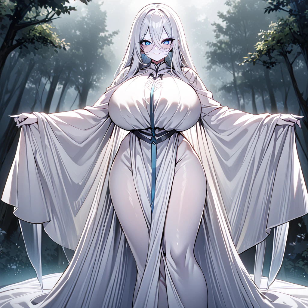 ((1 woman with a white cloth covering her body)),(((face covered with a white cloth))),((completely naked, bare breasts, bare pussy)),((Huge breasts)), very white hair long, expressionless face, standing, arms behind the back, in a haunted forest, at night,