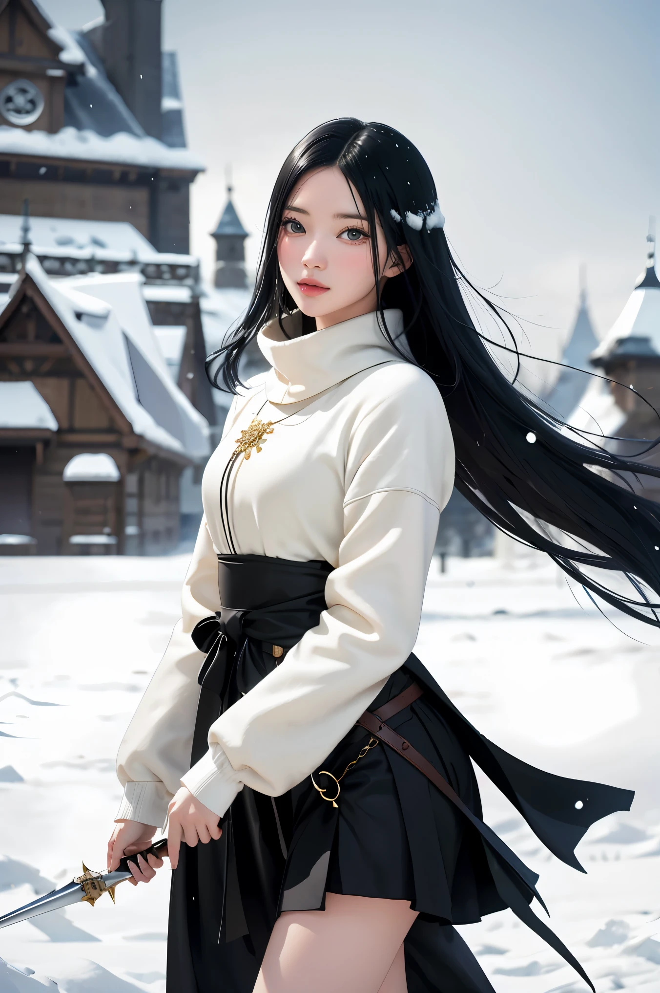 Young woman, Black hair, Wearing black medieval European clothing, Walking in the falling snow, A white spear is in her left hand., There is a large white magic circle., Manga drawing style, realistic 2.5D