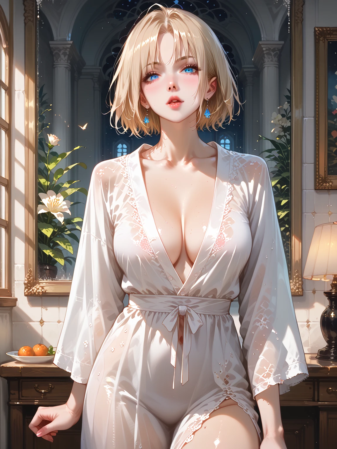 randome pose,from below,(Cinematic scene,Fantasy Art,Highest image quality,Hyperrealism portrait,(8K),Ultra-realistic,Best Quality,High quality,High Definition,high quality texture,high detailing,Beautiful detailed,fine detailed,extremely details CG,Detailed texture,realistic representation of face,masterpiece,presence,Dynamic,Bold),Ultra detailed skin,(Curve,Petite),Beautiful breasts,(Large breasts:1.2),pale skin,pointed breast,Erect nipples,short hair,(Ultra Thin hair),(Ultra Soft hair),(Ultra straight hair),Swept long bangs,Extra bright coppery amber hair,Hair over one eye,(clothed:1.5),