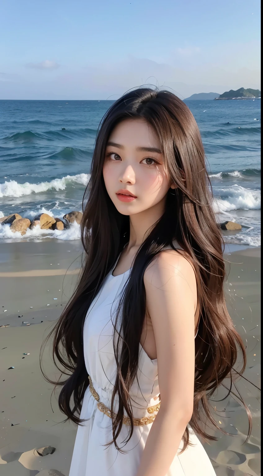 Alphad Asian woman in white dress standing on beach by the sea, Asian girl with long hair, Brown hair long, with long hair and piercing eyes, With long hair, appealing long hair, large eyes and flowing long hair, Gorgeous young Korean woman, beautiful Korean women, girl with super long hair, Girl with long hair, Beautiful young Korean woman
