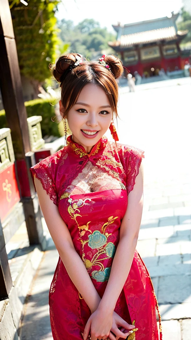 (8k, RAW photo, best quality, masterpiece:1.2), (realistic, photo-realistic:1.4), (extremely detailed 8k wallpaper), Japanese 20 age woman,she is wearing a cheongsam,The background is Chinatown,Her beautiful legs attract attention from all around her.She is embarrassed by the gaze of those around her,she is smiling,she is sitting and resting