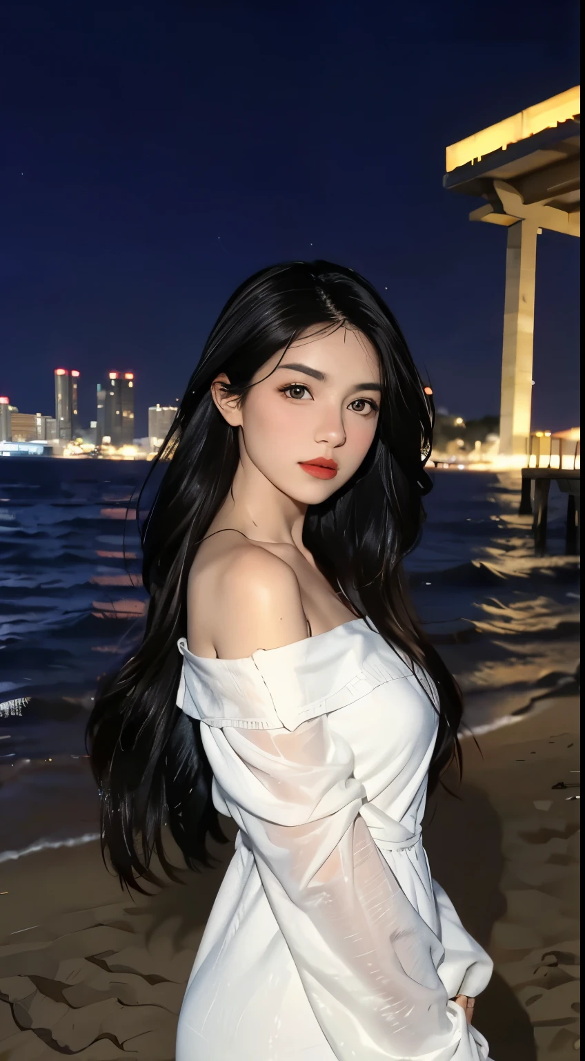 facing at camera,face to the viewer,standing on your feet,High picture quality,Works of masters,Daughter,Black hair,Long hair shawl,Long hair flowing over the shoulders,cropped shoulders,clavicle,exquisite face,Hydrated red lips,white off shoulder dress clothes,clavicle,facing at camera,A sad expression,Bust,Real Persono,(the sea,sandbeach),CG rendering,16k,Stand up,The night view was beautiful,A sad parting,hyper HD,The details were perfect,The picture is real,Extreme picture quality,Highest accuracy,8k resolution,Shades of darkness,8k, Yes ,Ultra HD,8k