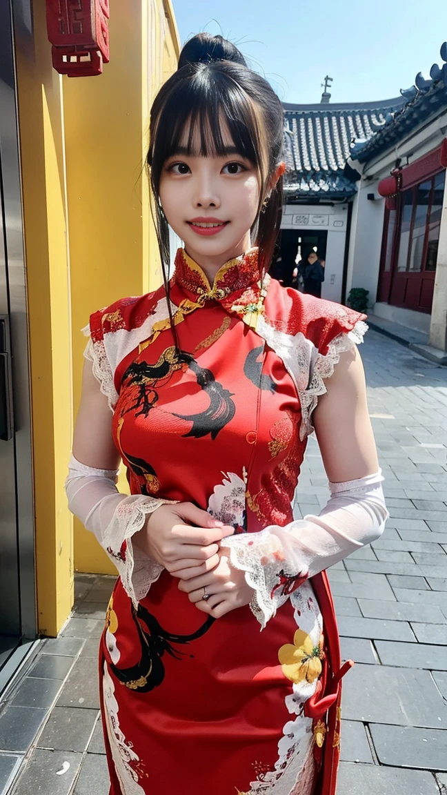 (masterpiece:1.4), (best quality:1.4), ultra high res, ultra high resolution, ((detailed facial features)), HDR, (realistic, photorealistic, photo-realistic:1.37), full body, sexy Vietnamese model, (-anime), only 1 model, vivid colors, very short hair, (beautiful smile), lip-gloss, long lashes, defined eyebrows, wearing large sparkling colorful jewelery, wearing a red silk Paradise Kiss cosplay dress with black floral embroidery, ((long fur vivid colors outfit)), vivid colors, look at the camera, cinematic light, large park background with trees, sweet and sexy pose