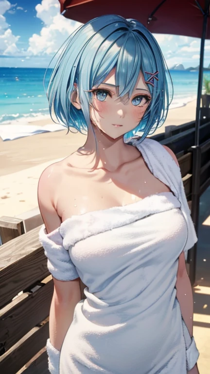 masterpiece, best quality, <lora:Furina-mver:0.8>,1girl, swimsuit, bikini, solo, hat, navel, blue eyes, thigh strap, outdoors, frills, looking at viewer, white bikini, cloud, day, sitting, blue headwear, breasts, sky, wet, ocean, water, frilled bikini, collarbone, short hair, beach, white hair, blue nails, bare shoulders, cleavage, closed mouth, blue sky, arm support, stomach, nail polish, bow, bangs, small breasts, thighs, medium hair, hand up, blue hair