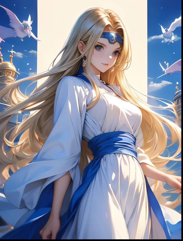 (((SFW、Accuracy、Highest quality、 A first-class masterpiece 、 Normal body 、8k、 detailed color 、 super precision 、 Normal Hands 、refer to5Books、Highest)))、" DRAGON QUEST VI "、Mireille、Mireyu、 Blonde、 STRAIGHT LONG HAIR、Big Breasts、 slender、White and blue robes、 CIRCLET