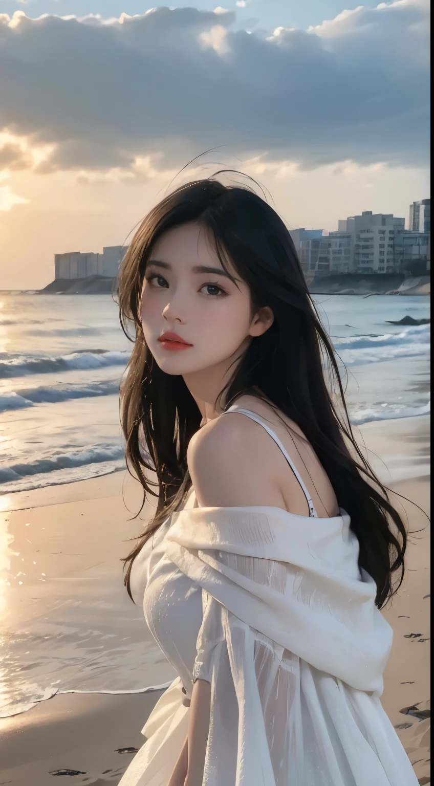 facing at camera,face to the viewer,standing on your feet,High picture quality,Works of masters,Daughter,Black hair,Long hair shawl,Long hair flowing over the shoulders,cropped shoulders,clavicle,exquisite face,Hydrated red lips,white off shoulder dress clothes,clavicle,facing at camera,A sad expression,Bust,Real Persono,(the sea,sandbeach),CG rendering,16k,Stand up,The night view was beautiful,A sad parting,hyper HD,The details were perfect,The picture is real,Extreme picture quality,Highest accuracy,8k resolution,Shades of darkness,8k, Yes ,Ultra HD,8k