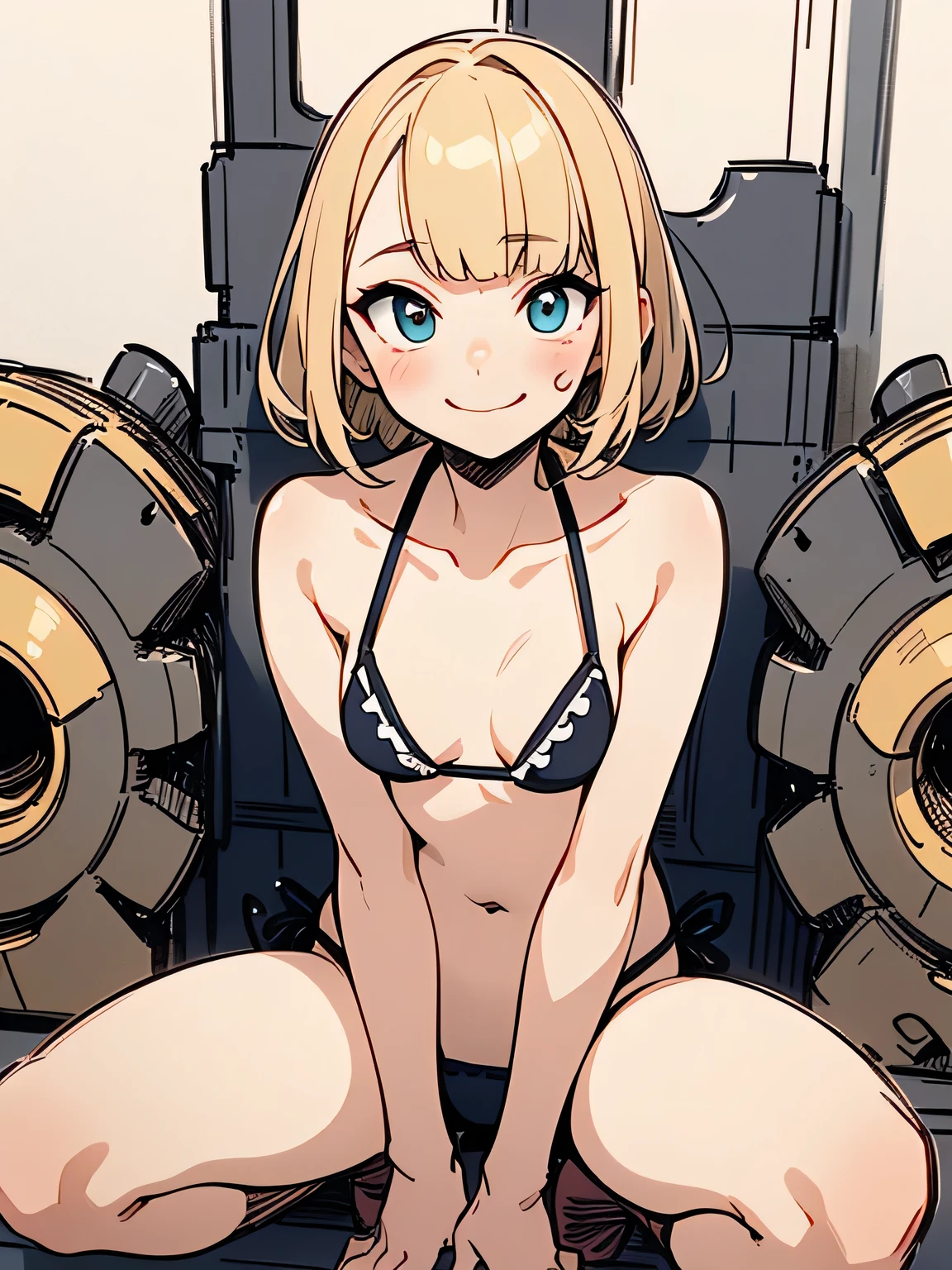 Alone,(squatting spread open legs:1.3),forcus of small breasts,,blond short hair,blunt bangs ,cute face,makeup,eyelash,want love smile,sexy micro bikini, Horny Female ,blush,I'm ashamed,Rape Desire,(manga style),(sketch),(illustration),