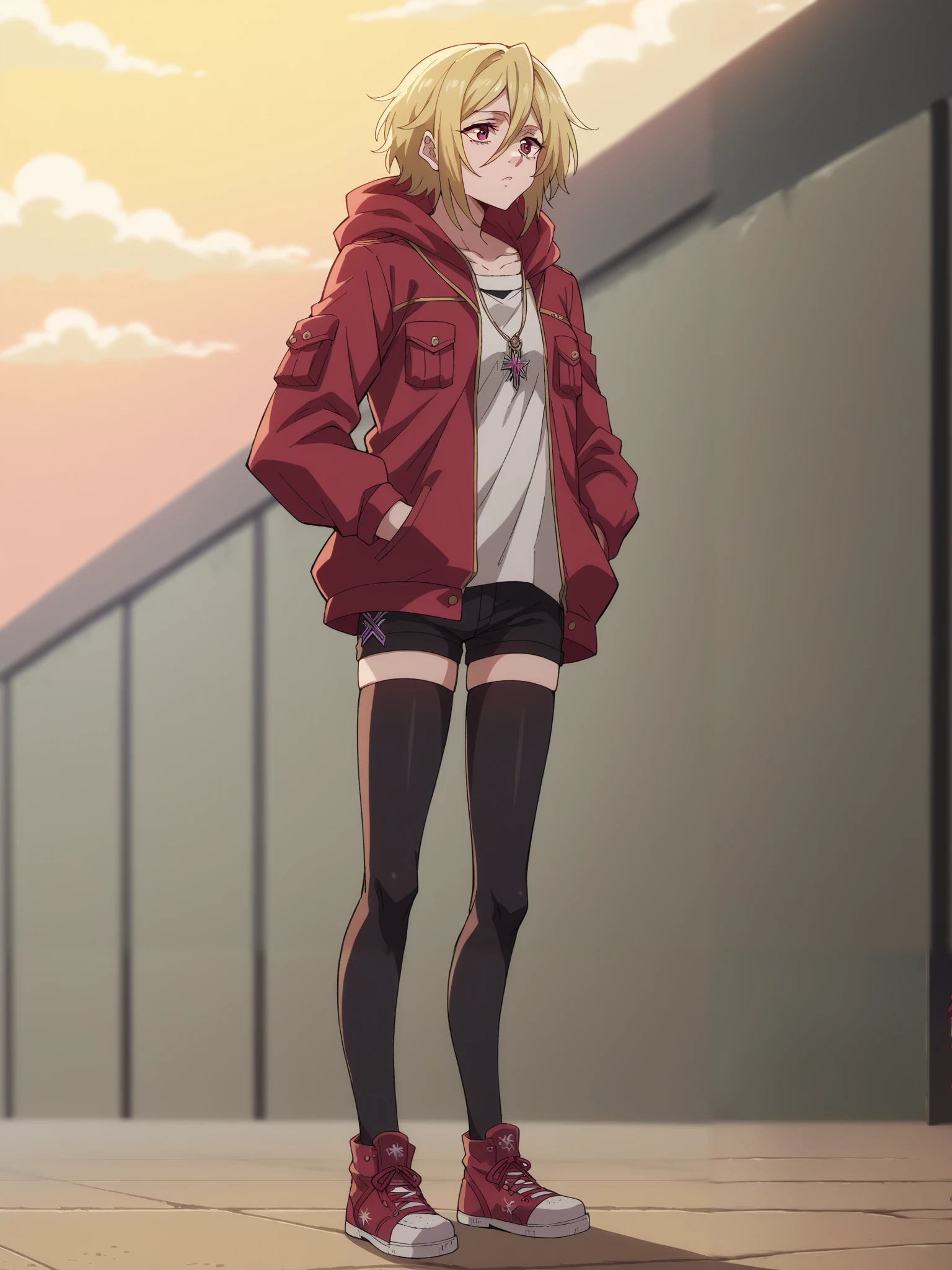 score_9, score_8_up, score_7_up, score_6_up, score_5_up,
1maiden, One
Blonde , light gold hair to shoulder blades , bangs on the forehead, hair between eyes , crimson eyes , Dark pink eyes, short warm hooded jacket , short warm shorts , warm tights , high black knee-length sneakers with laces. hands in pockets . stands on the seashore , Sunset, twilight.