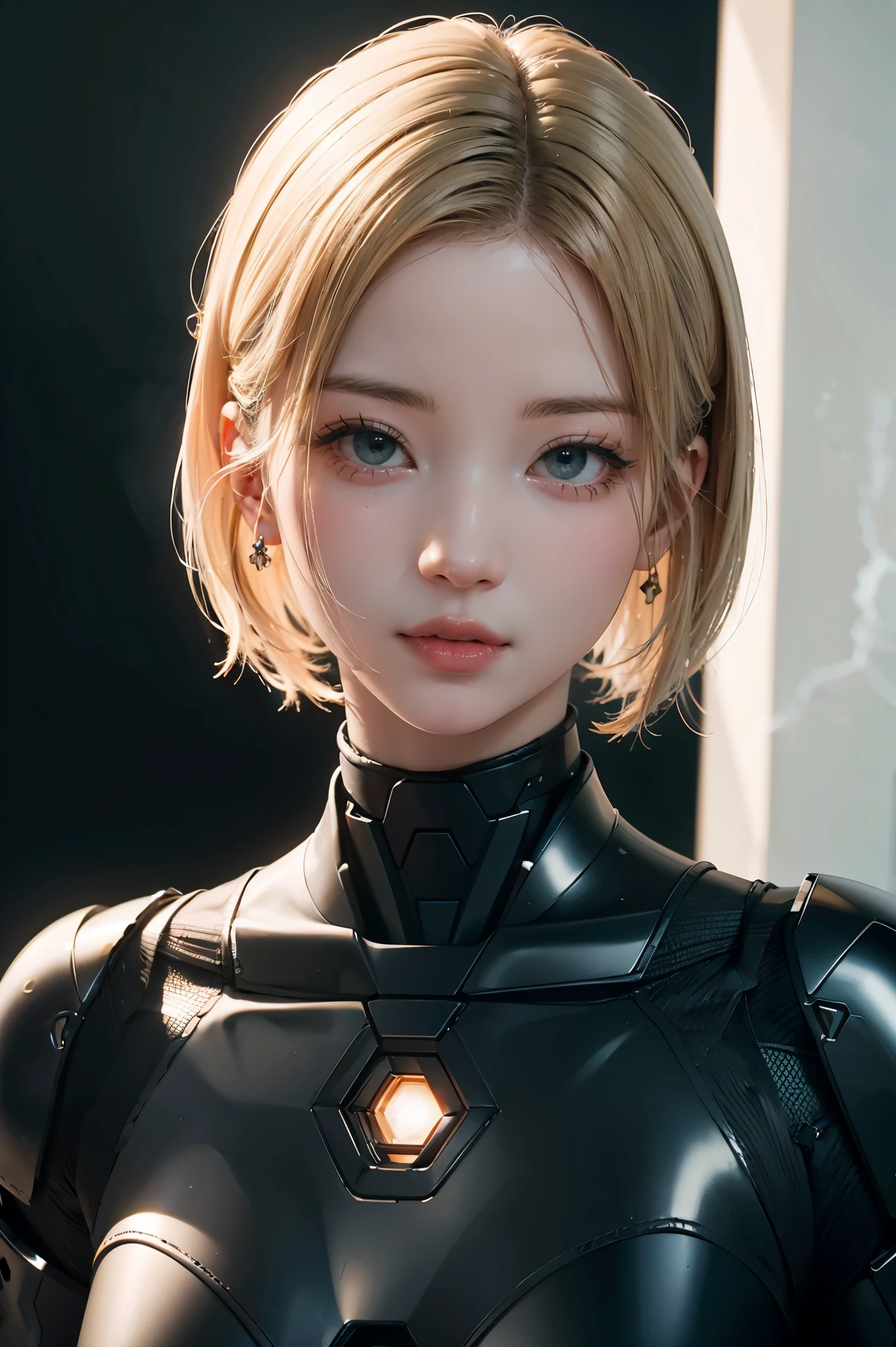 《The role of artificial intelligence》。(((Virtual character design:Psychological counselor。miss,20 years old,white short hair,Exquisite facial features,beautiful make up,Skin details,Smile)))。((white suit))。((Super realistic details))。 illumination, light and shadow, octane rendering, 8k, super sharp,complicated, Accessory details,atmosphere, full body,