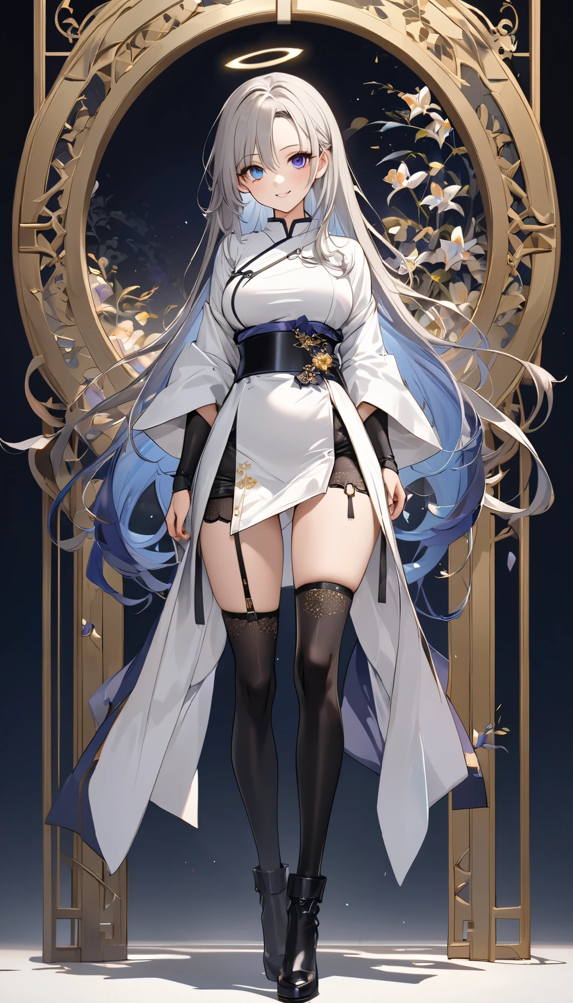 An unrivalled masterpiece, Ultra-realistic 8k CG, Perfect work of art, ((Perfect female image)), White hair, Red Eyes, Mature female, , Willow Waist, chinese deity, Looking at the audience, posture, 性感posture, Tempting, Clean, Pretty Face, Pure face, Pale skin, Absurdly long hair, Glowing skin, Skin Indentation,delicate patterned, Intricate details, (rich:1.4), (Extremely detailed 8K Chinese long embroidered silk gowns and silk gowns and dresses:1.2),slim,(whole body: 1.5), from head to foot, Black stocking legs, Black pantyhose, suspenders (for stockings)