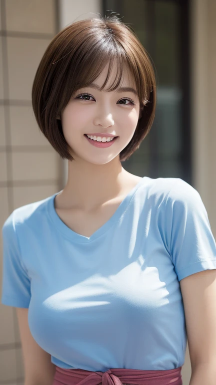 Highest quality, shape, Very detailed, In detail, High resolution, 8k wallpaper, Perfect dynamic composition, Beautiful details, Center of chest, Natural color lip, Random sexy poses,smile,20-year-old girl,Huge , T-Shirts, A photo of a woman with a bob cut smiling gently