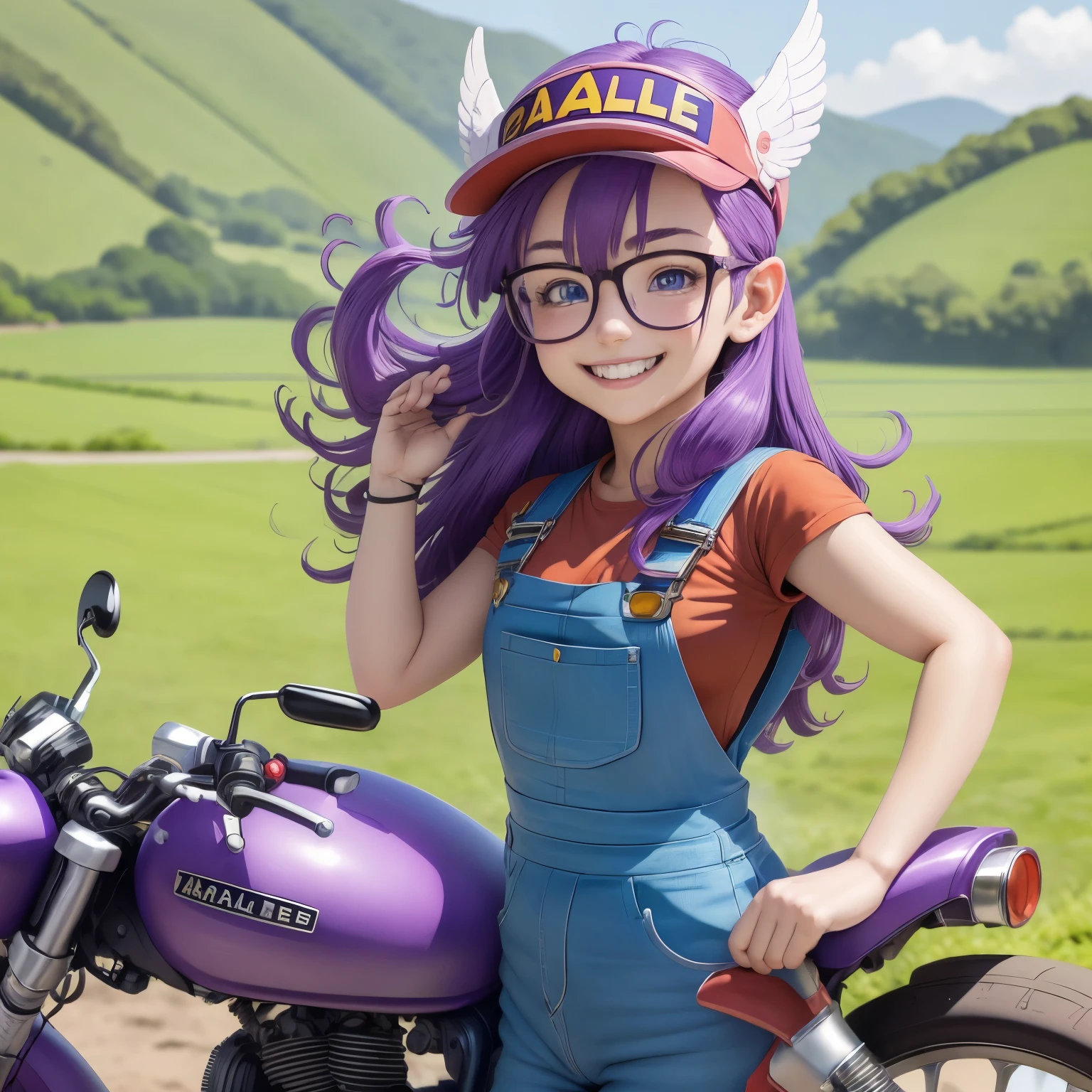 (Masterpiece,  best quality ;1.3),  more details, One girl on a motorcycle, Alone, Arale, glass, blue eyes,  long hair, purple hair, Short sleeve, Wing Hat,  wing cap ,  Red Shirt,  Blue Overalls, smile,
Rural village background