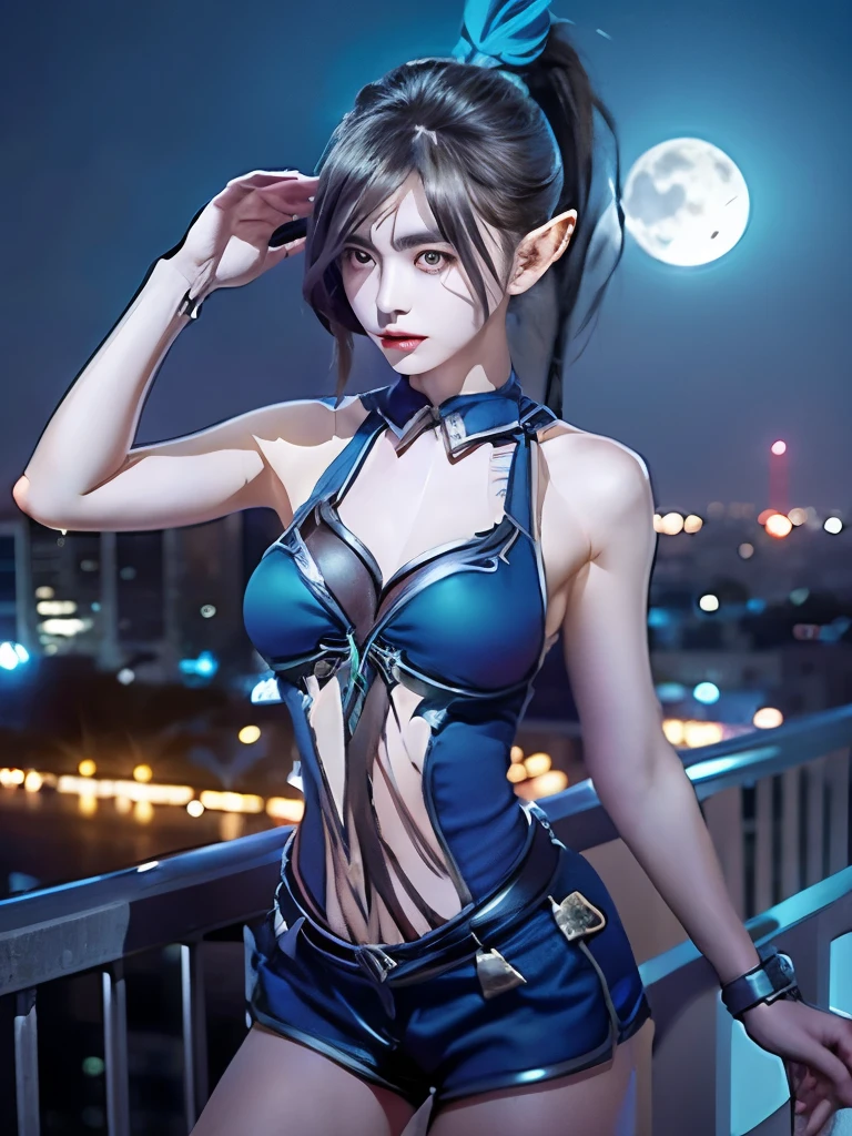 1 girl, black hair, blue bikini, blue short pants, standing in the top of building in the city, night City, night with moon in the sky, looking in the front, city sc fi, ponytail